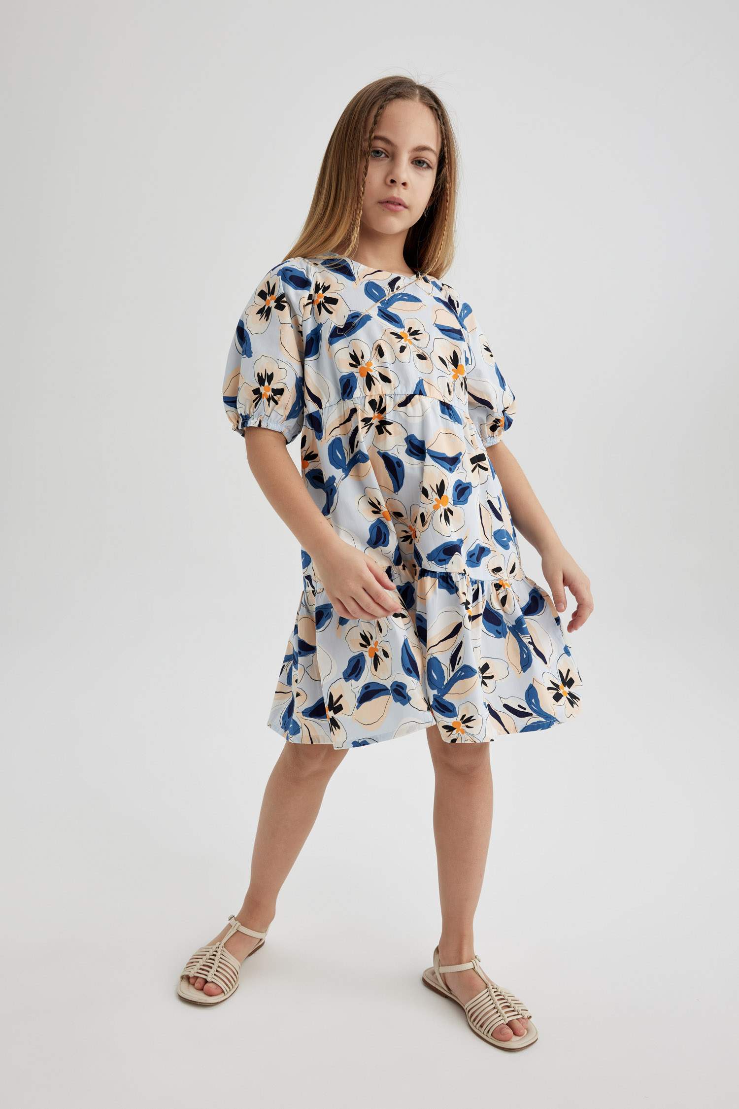 Girl Patterned Short Sleeve Poplin Dress