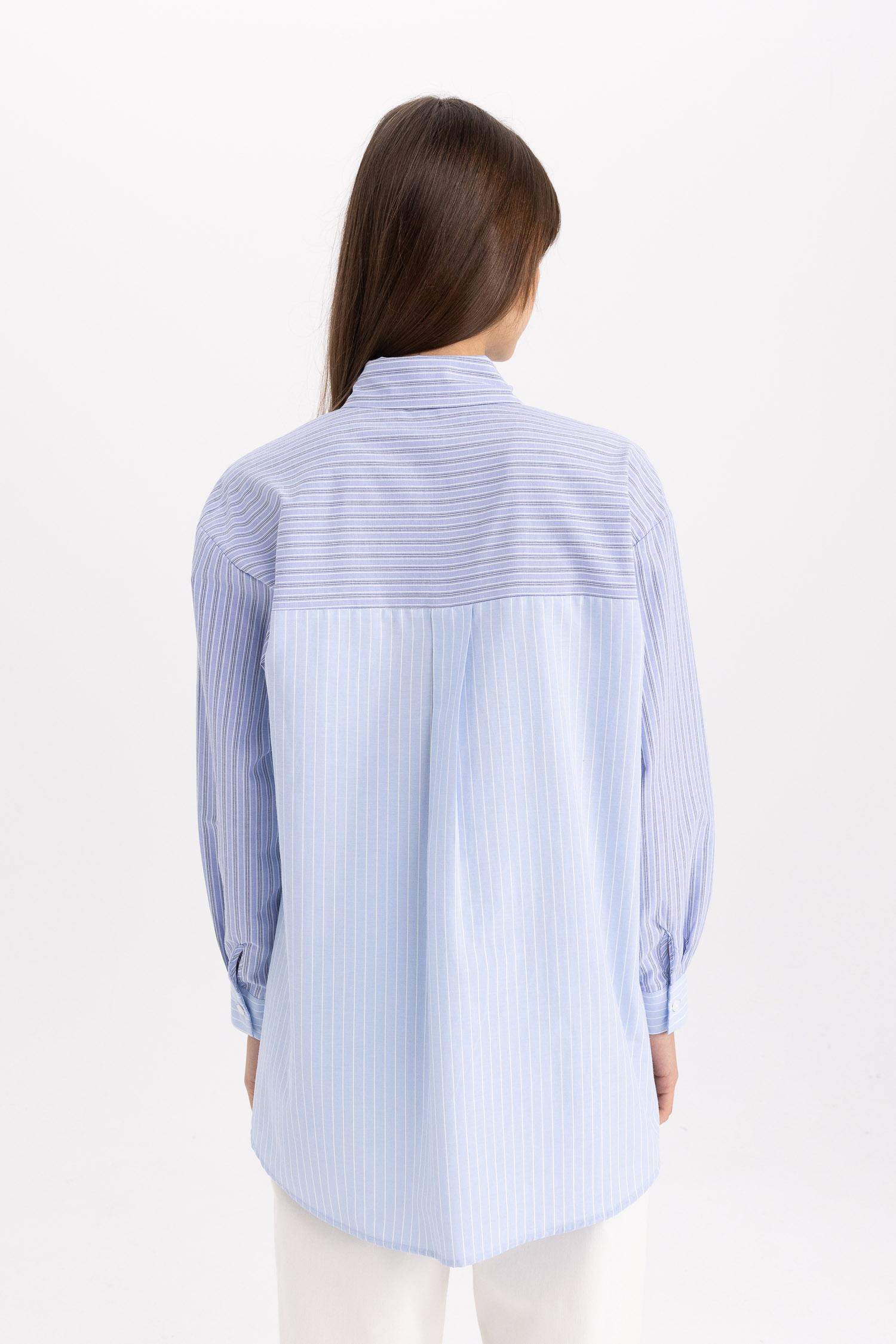 تونيك كم طويل بوبلين قصة مريحة وياقة قميص