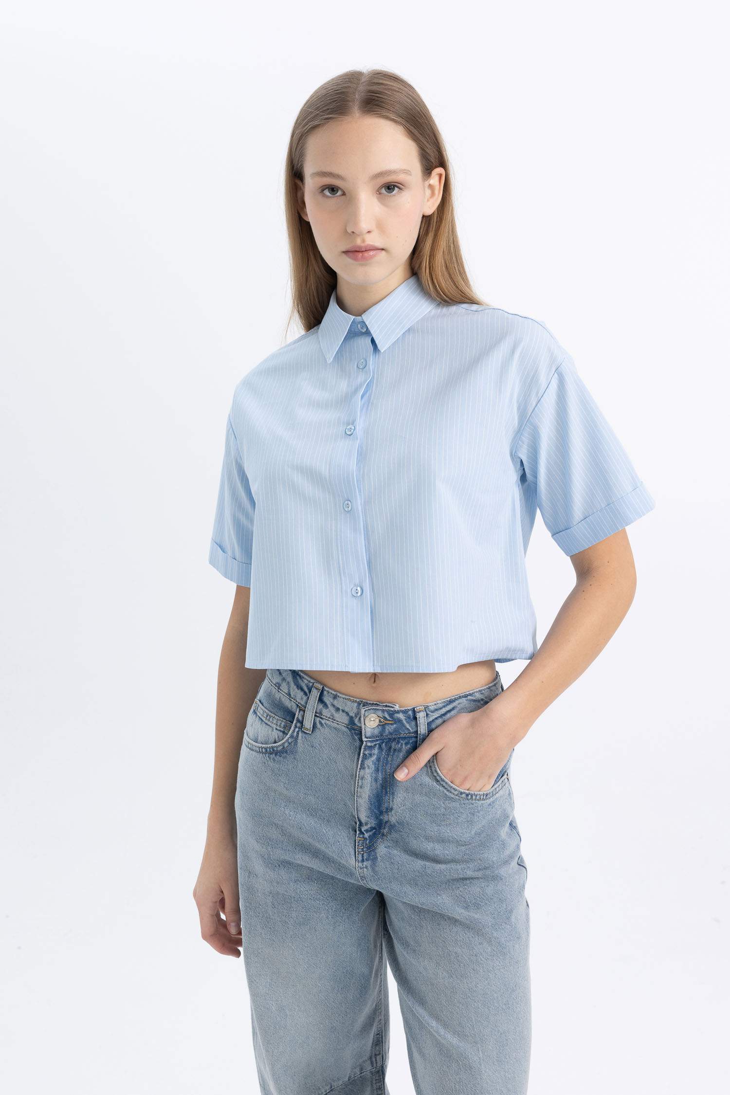 Oversize Fit Striped Short Sleeve Poplin Shirt