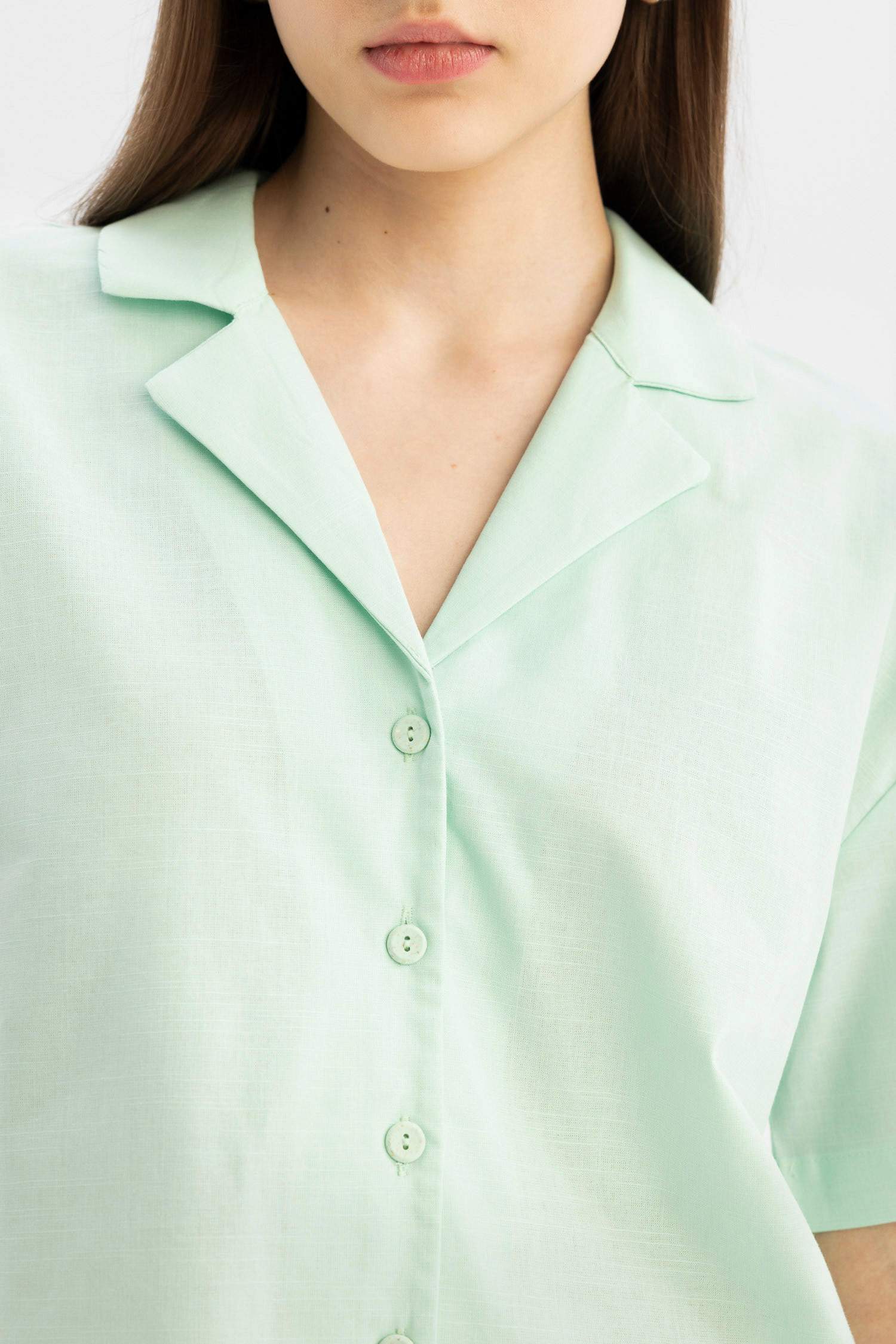 Coool Oversize Geniş Kalıp Pijama Yaka Flamlı Pamuk Kısa Kollu Gömlek