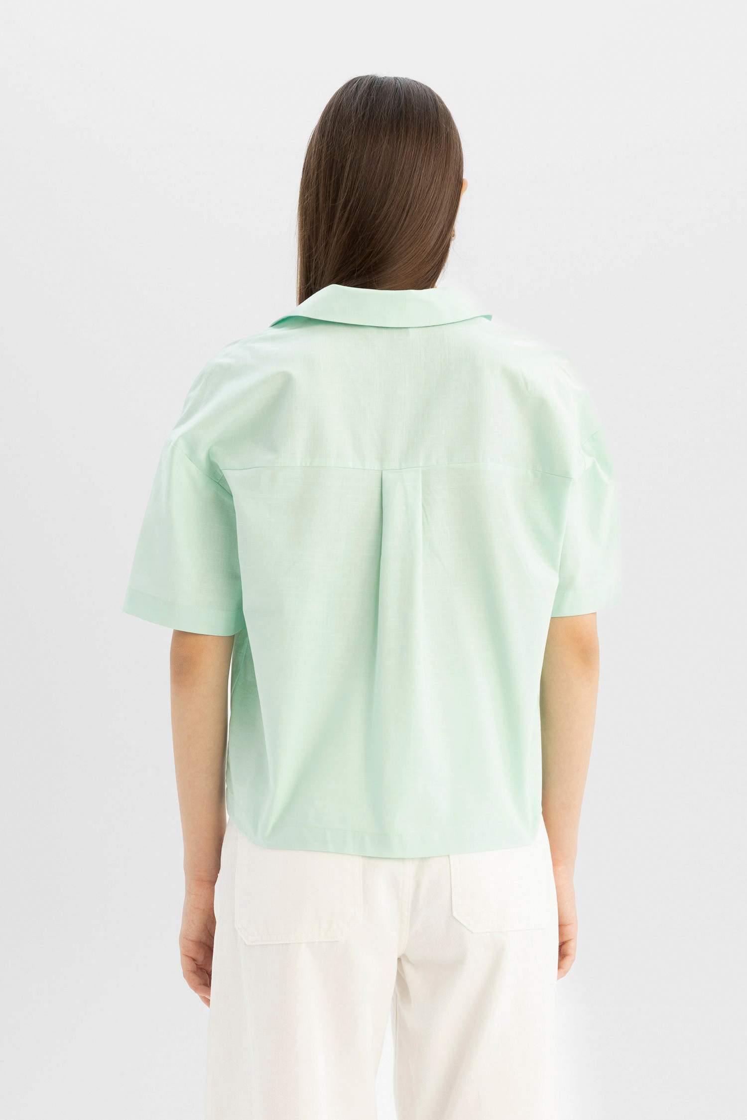 Coool Oversize Geniş Kalıp Pijama Yaka Flamlı Pamuk Kısa Kollu Gömlek