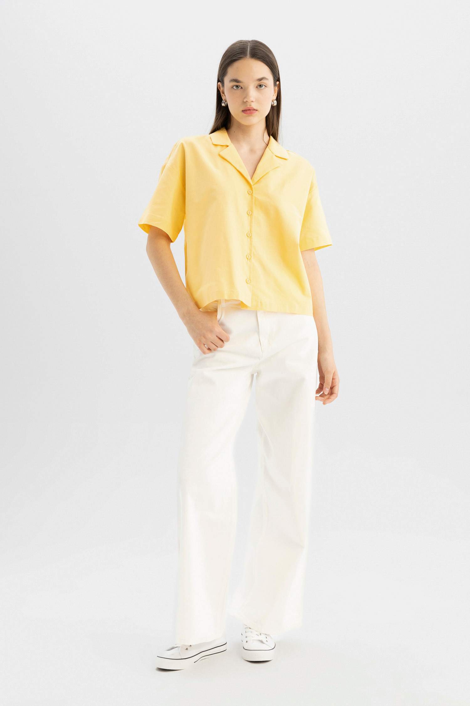 Oversize Fit Pajama Collar Flamed Cotton Shirt
