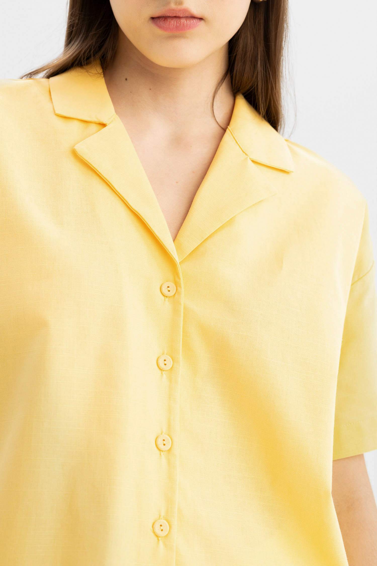 Oversize Fit Pajama Collar Flamed Cotton Shirt