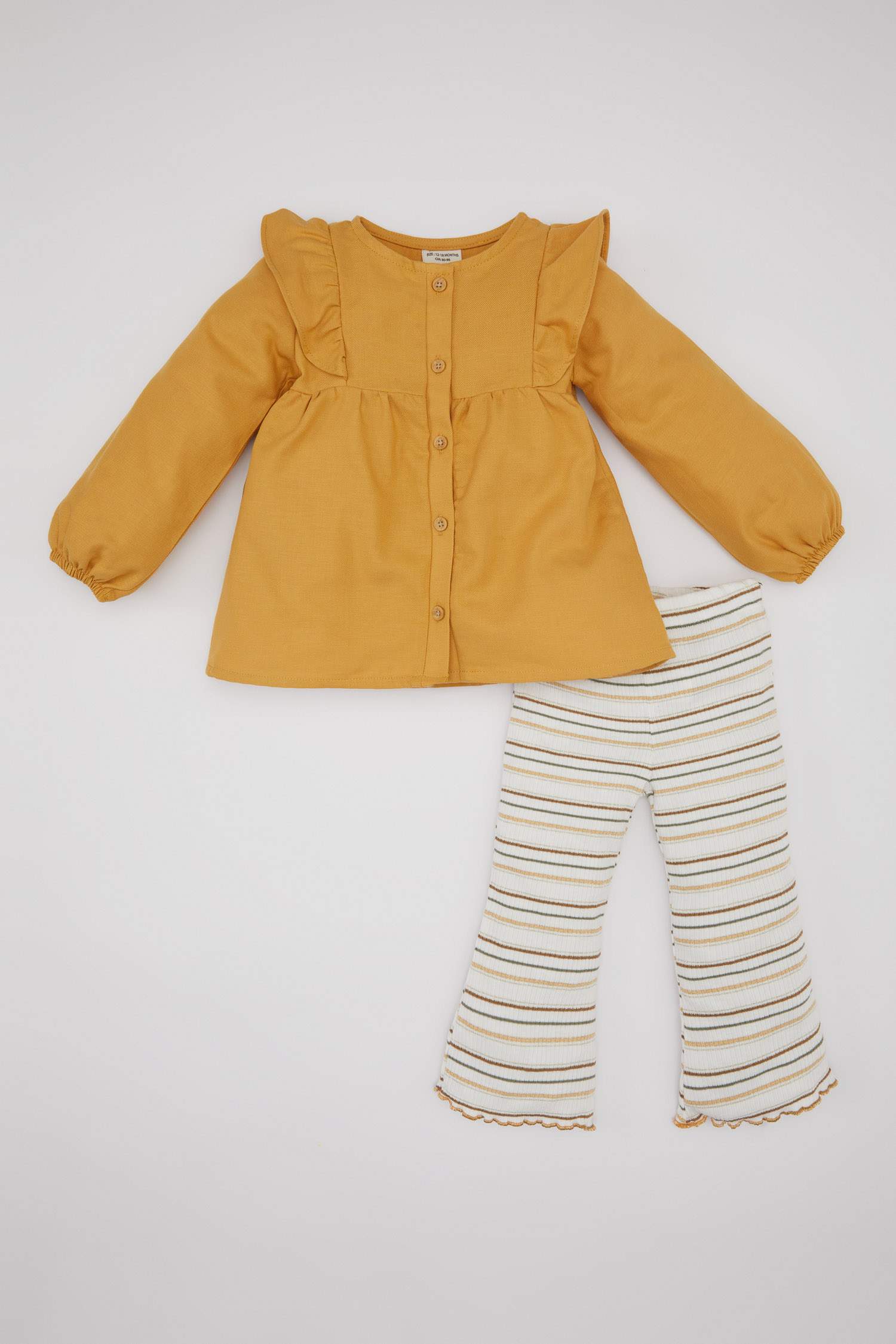 Kız Bebek 2'li Takım Düğmeli Uzun Kollu Gömlek Çizgili Twill Tayt 