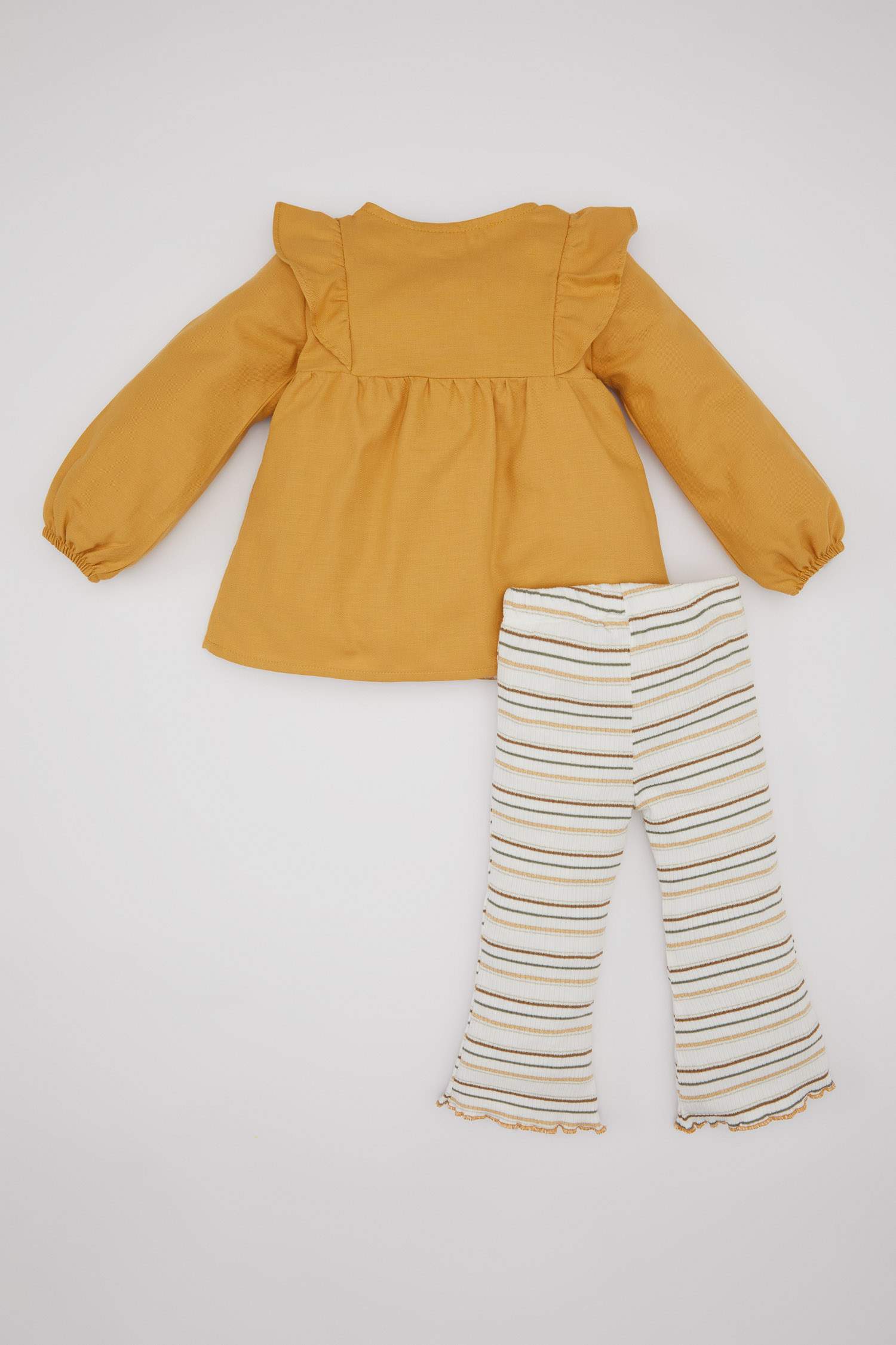 Kız Bebek 2'li Takım Düğmeli Uzun Kollu Gömlek Çizgili Twill Tayt 