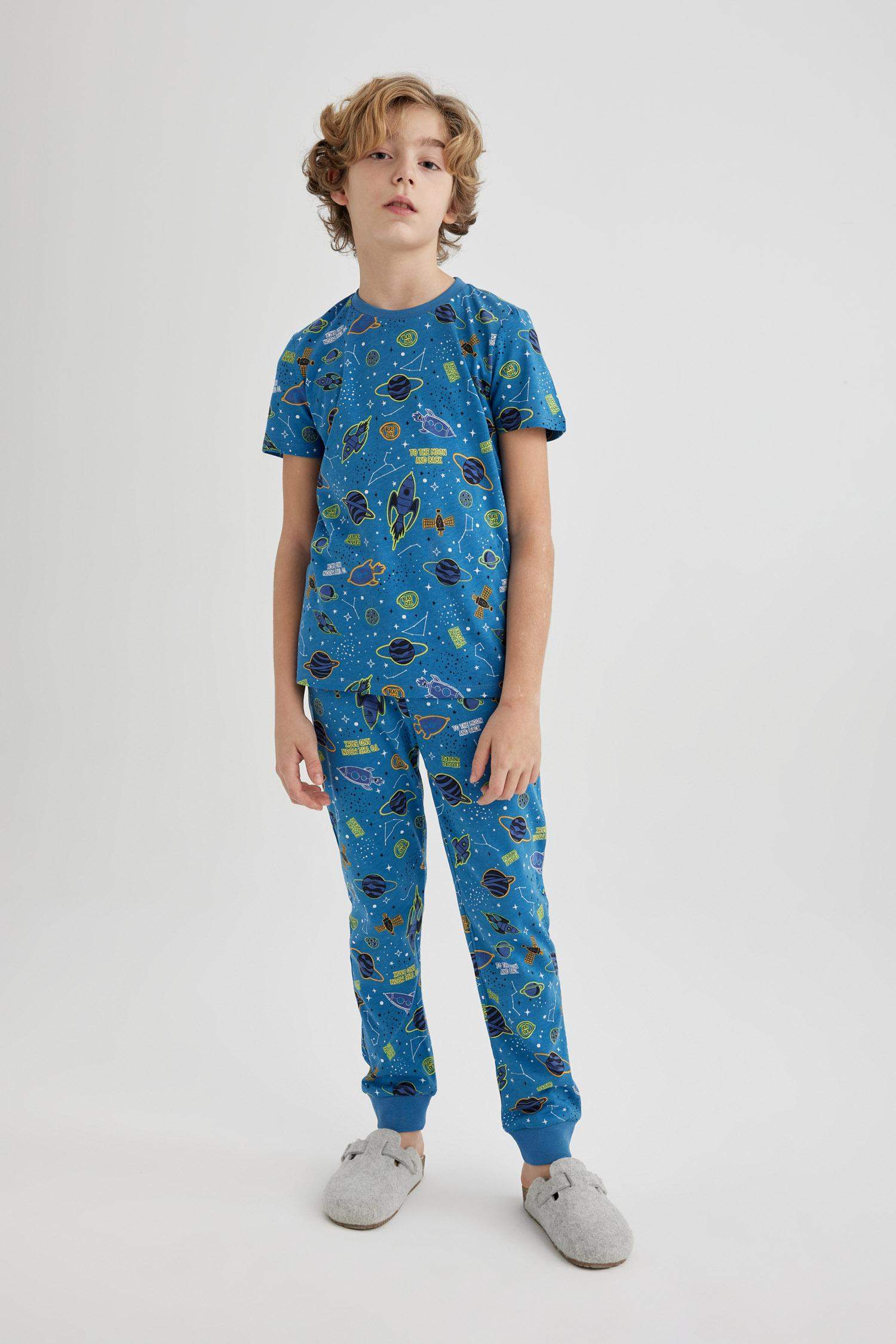 Erkek Çocuk Pijama Takımı Bisiklet Yaka Desenli Kısa Kollu Üst Uzun Alt