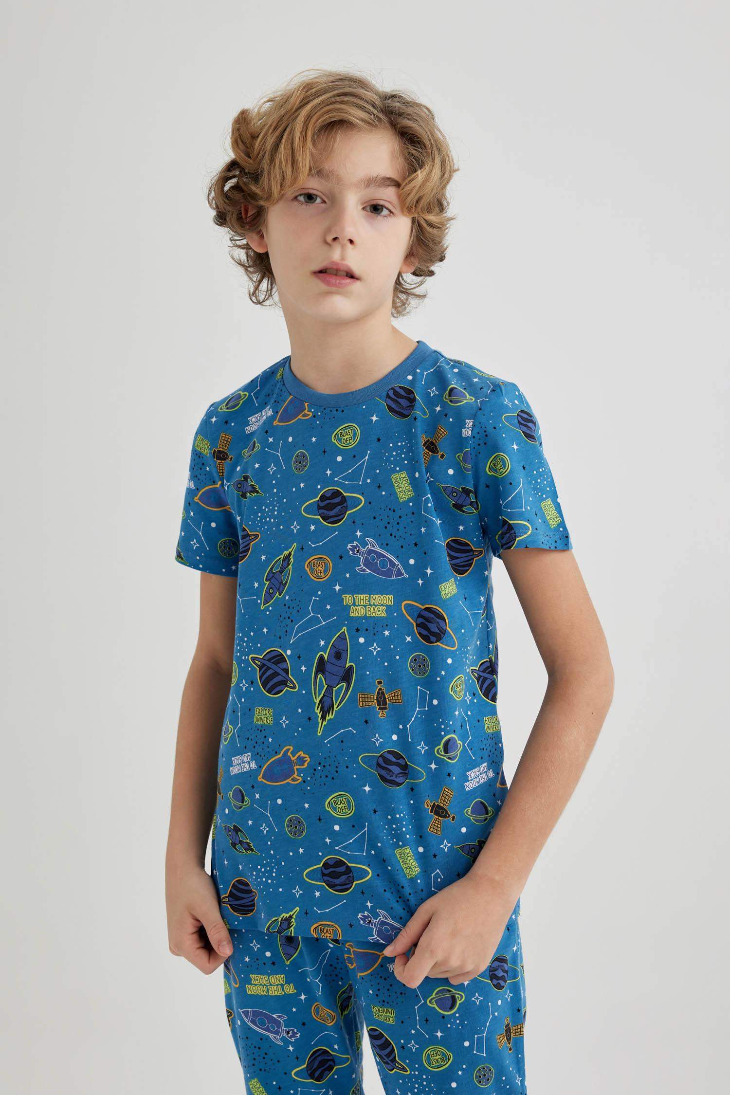 Erkek Çocuk Pijama Takımı Bisiklet Yaka Desenli Kısa Kollu Üst Uzun Alt