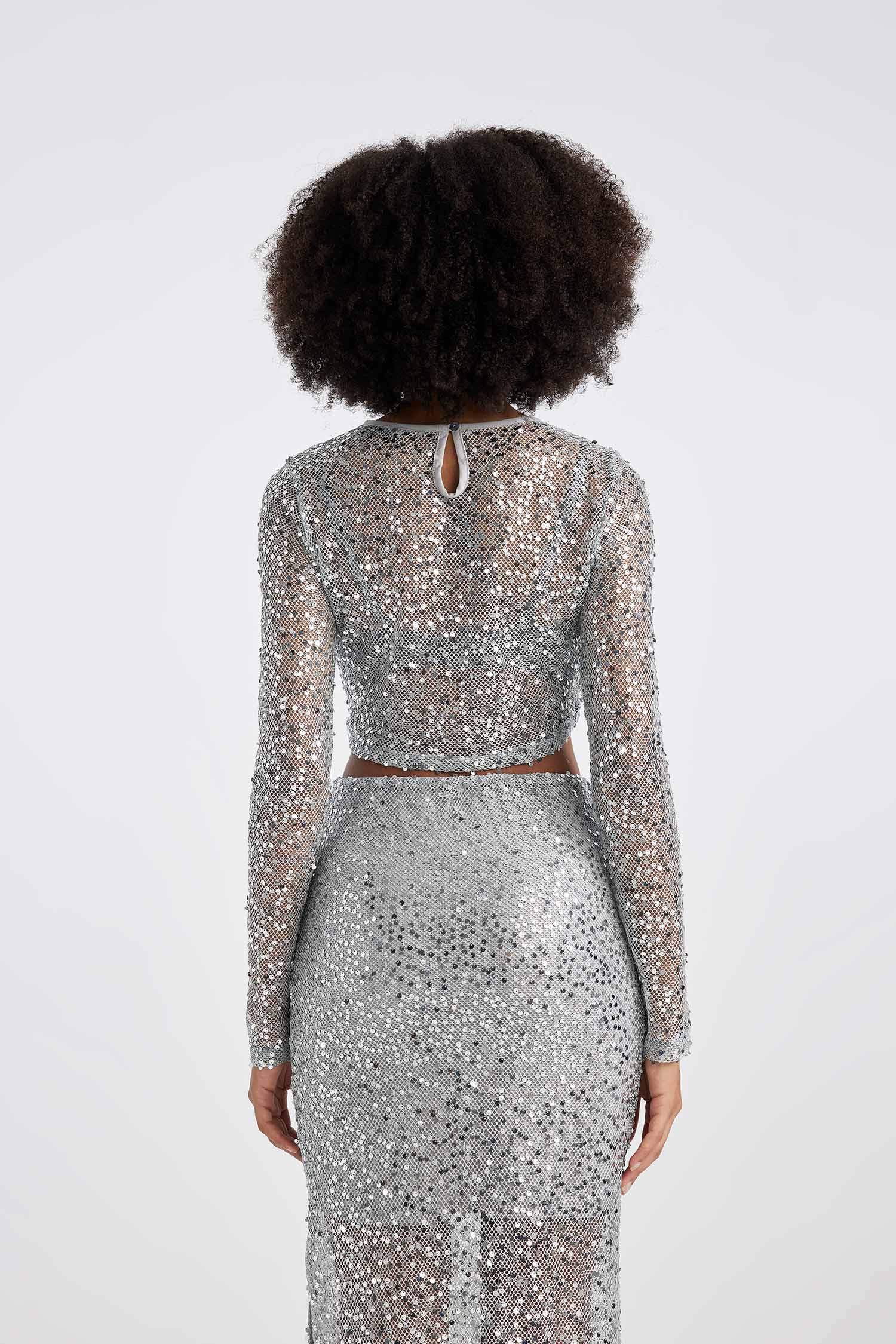 Regular Fit Bisiklet Yaka Payetli Kumaş Uzun Kollu Tişört