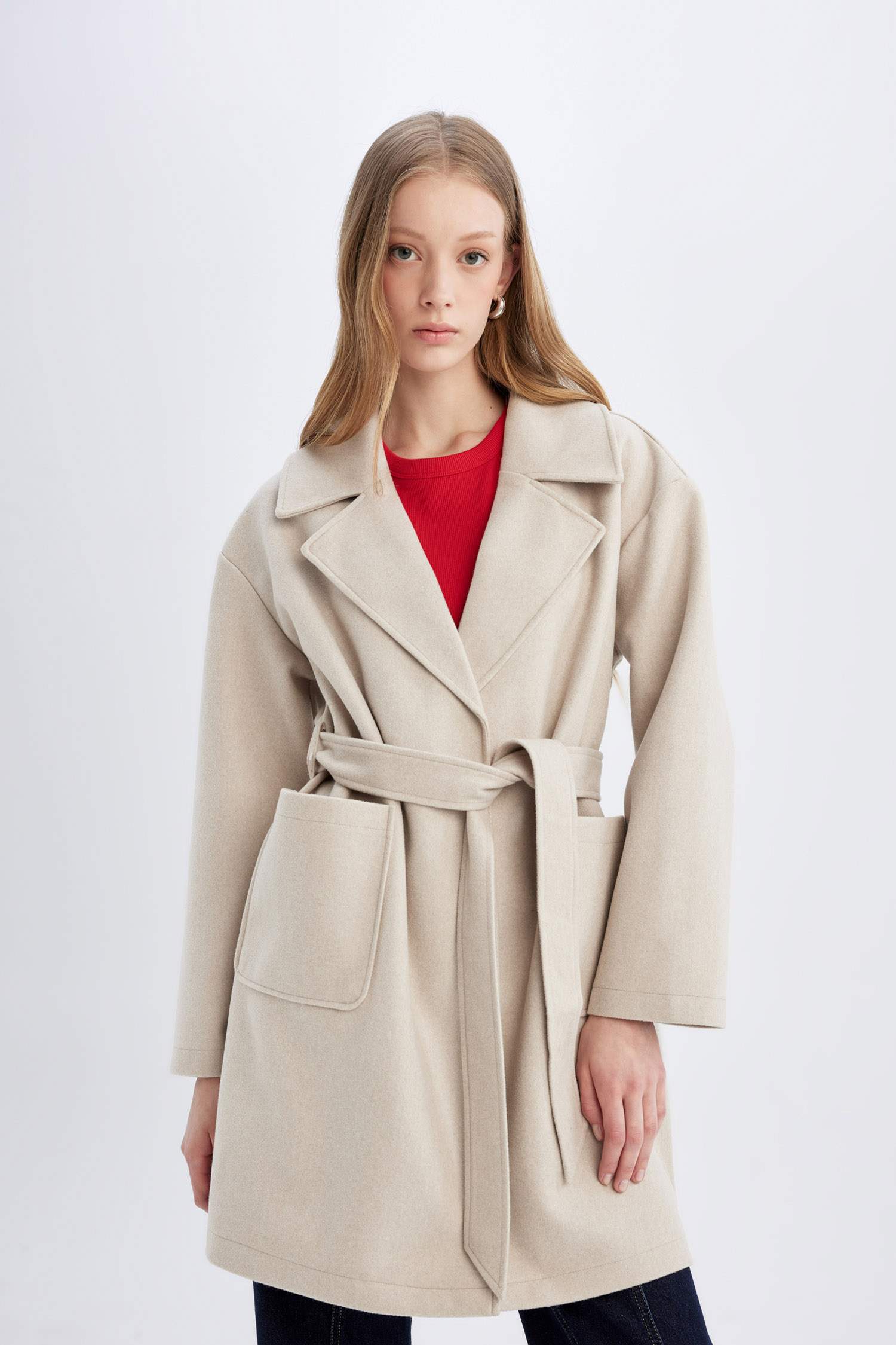 Su Geçirmez Regular Kalıp Kruvaze Yaka Düğme Kapmalı Kemerli Cepli Astarsız Uzun Kaşe Kaban