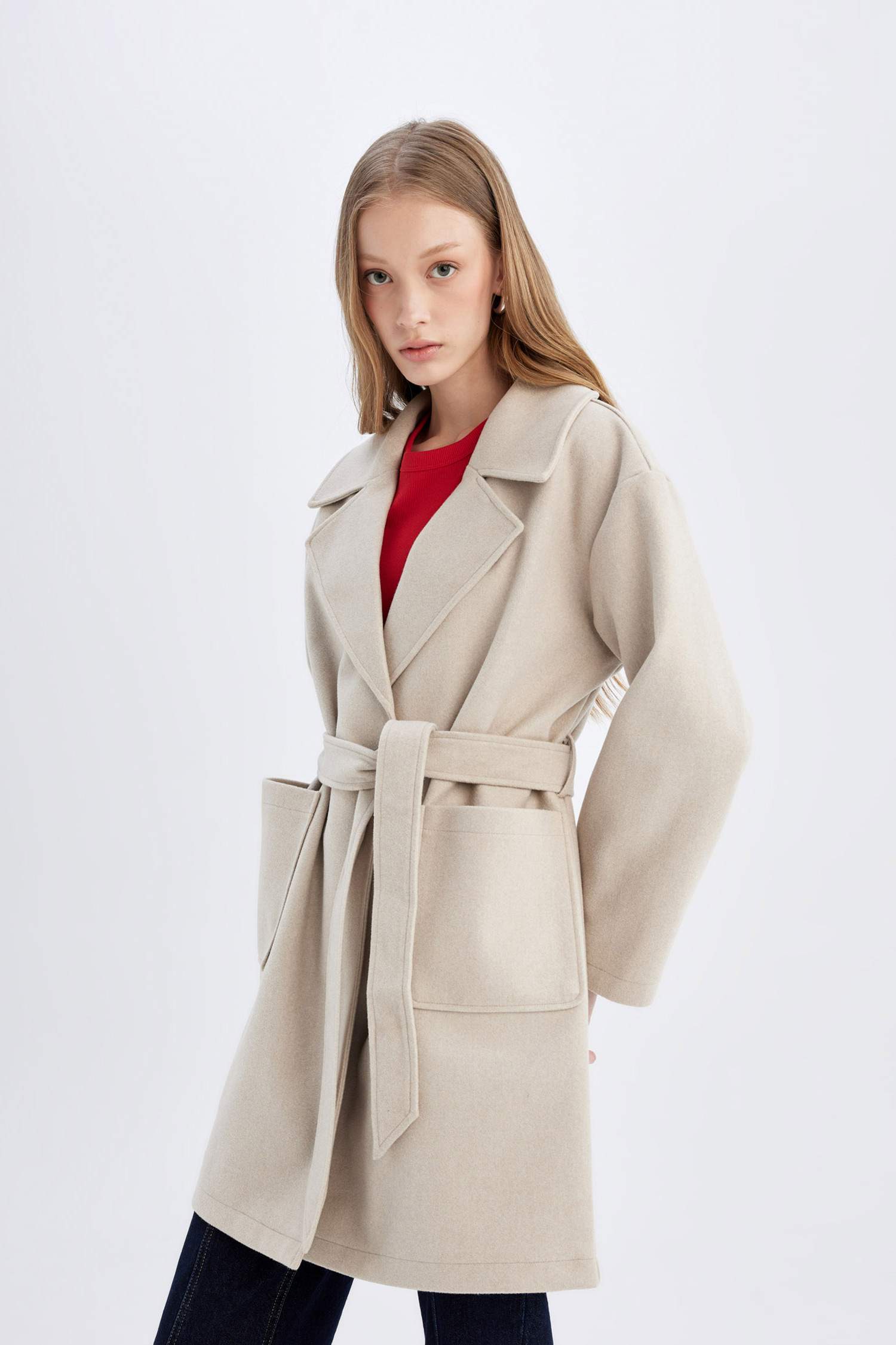 Su Geçirmez Regular Kalıp Kruvaze Yaka Düğme Kapmalı Kemerli Cepli Astarsız Uzun Kaşe Kaban