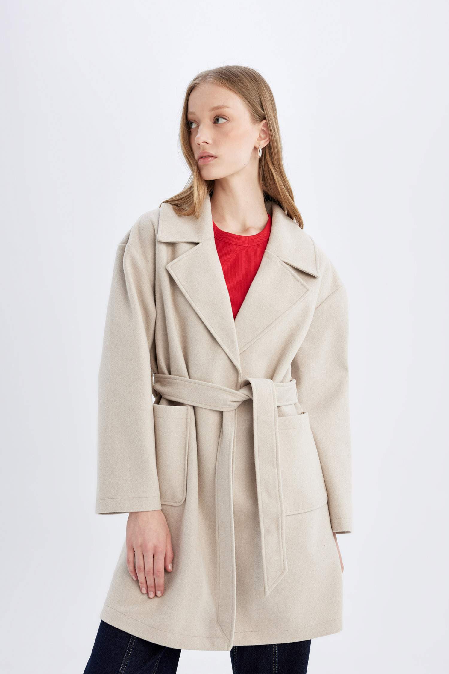 Su Geçirmez Regular Kalıp Kruvaze Yaka Düğme Kapmalı Kemerli Cepli Astarsız Uzun Kaşe Kaban