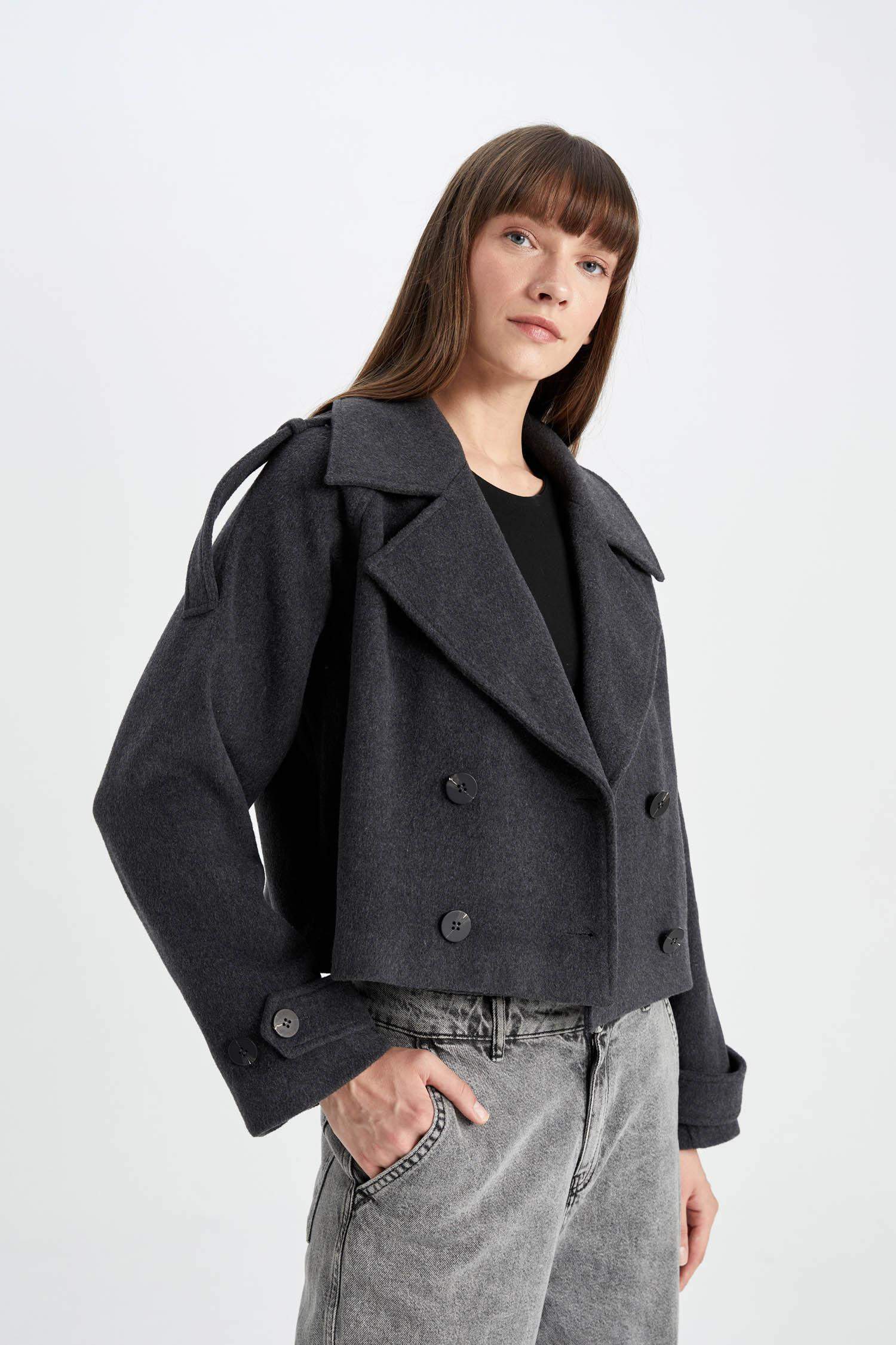 Waterproof Regular Fit Button Belted Unlined Short Cashmere Coat