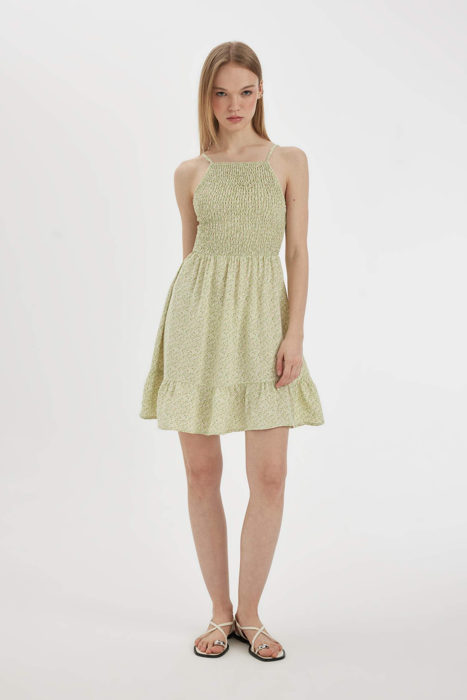 Halter Yaka Çiçekli Maroken Askılı Mini Elbise