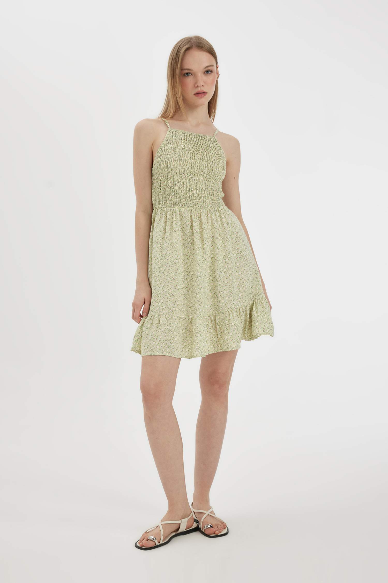 Halter Yaka Çiçekli Maroken Askılı Mini Elbise