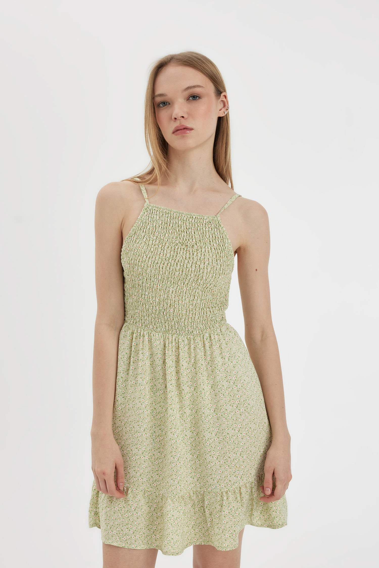 Halter Yaka Çiçekli Maroken Askılı Mini Elbise