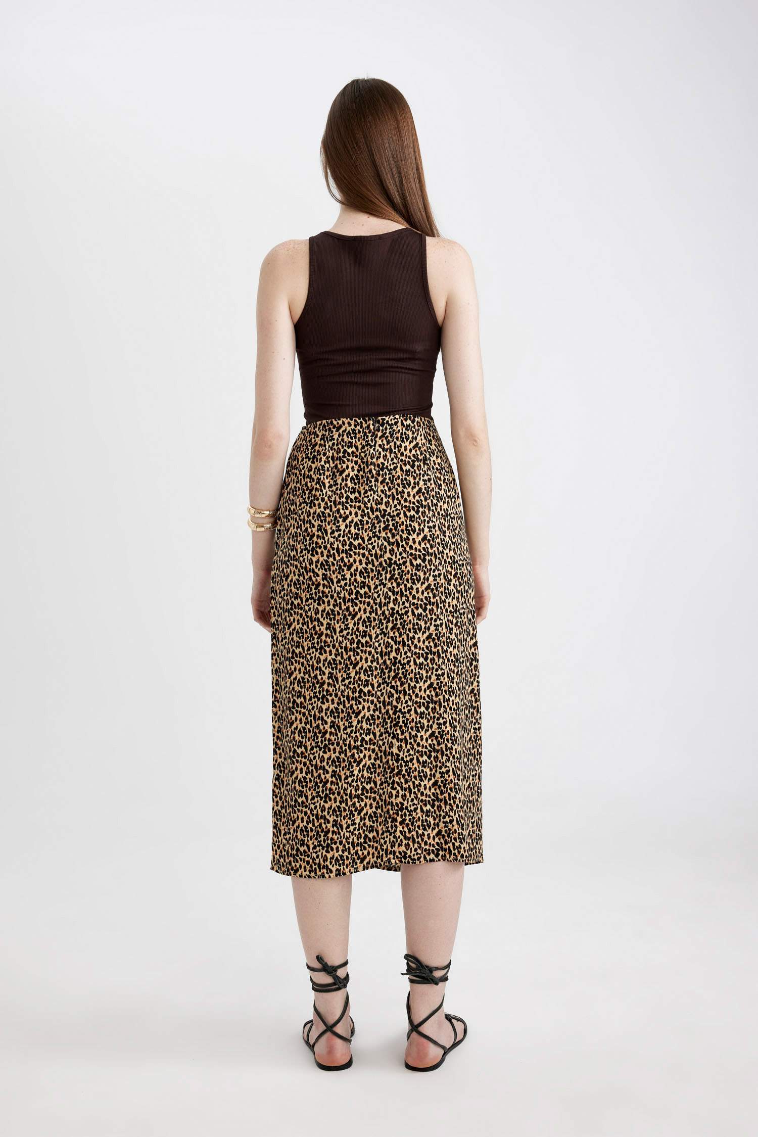 A Form Leopar Desenli Yırtmaçlı Maroken Midi Etek