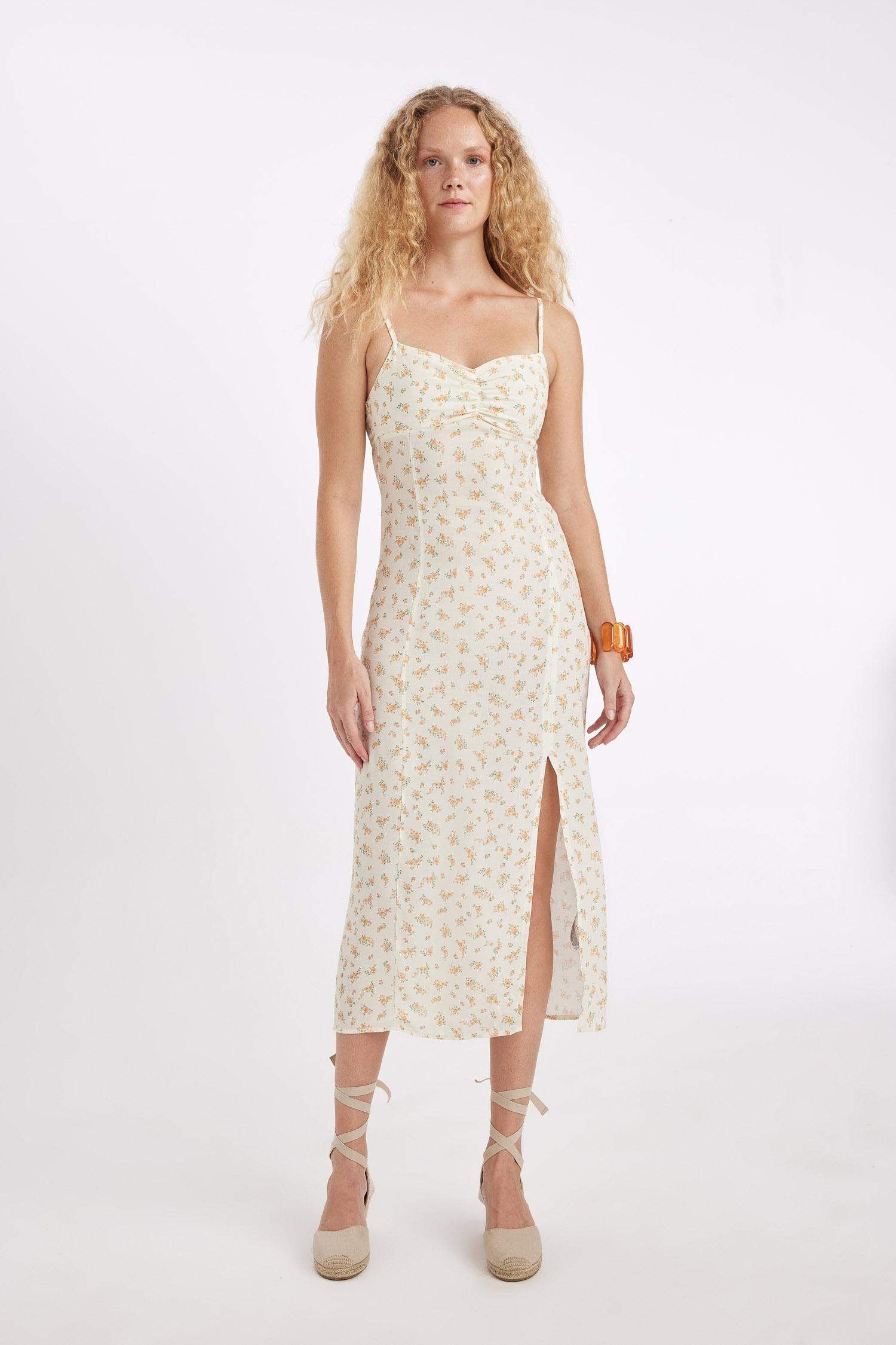 Sweetheart Neckline Floral Leather Strap Midi Dress