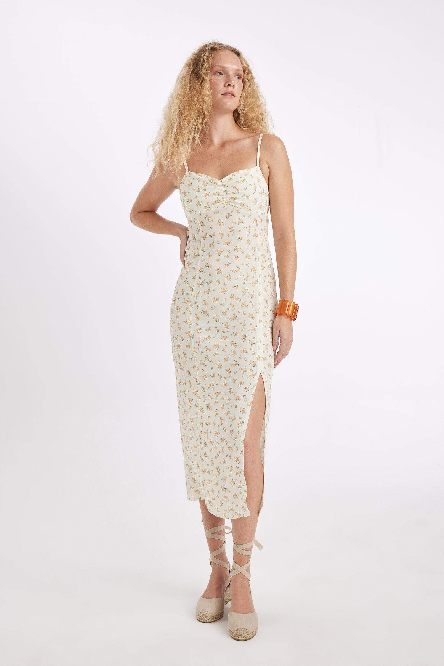 Sweetheart Neckline Floral Leather Strap Midi Dress