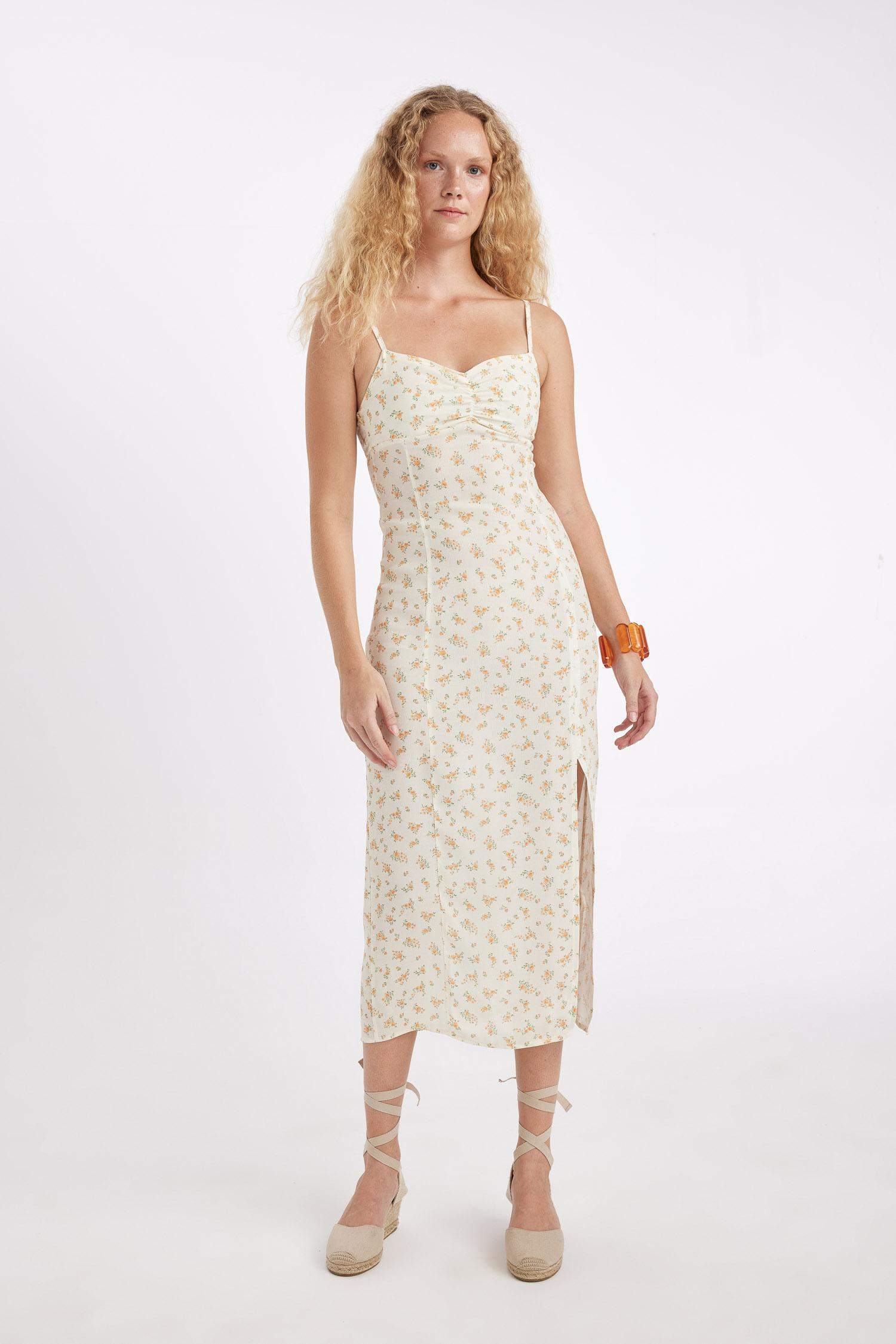 Sweetheart Neckline Floral Leather Strap Midi Dress