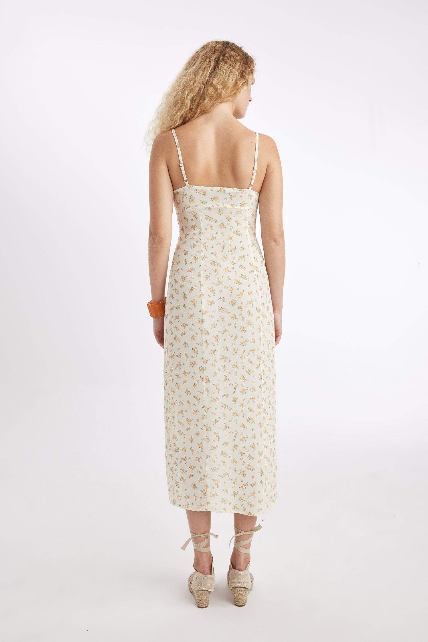 Sweetheart Neckline Floral Leather Strap Midi Dress