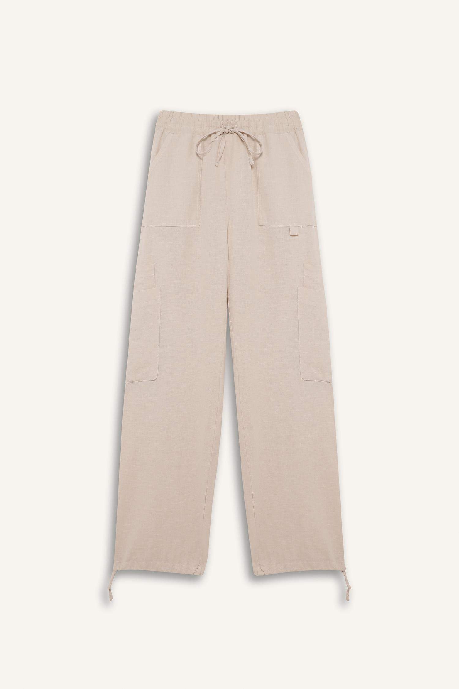 Wide Leg High Waist Linen Blend Cargo Pants