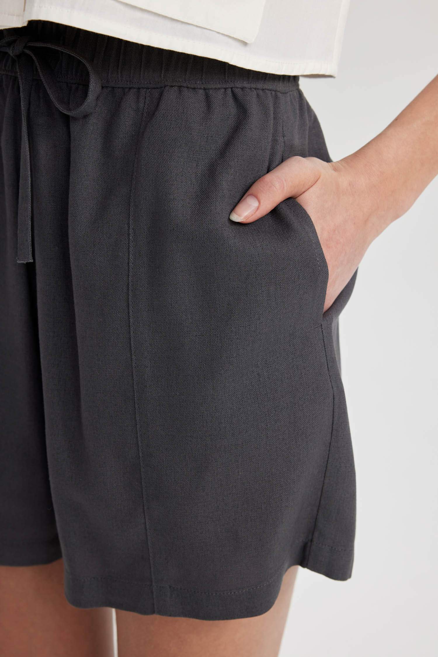 Regular Fit High Waist Linen Blend Shorts