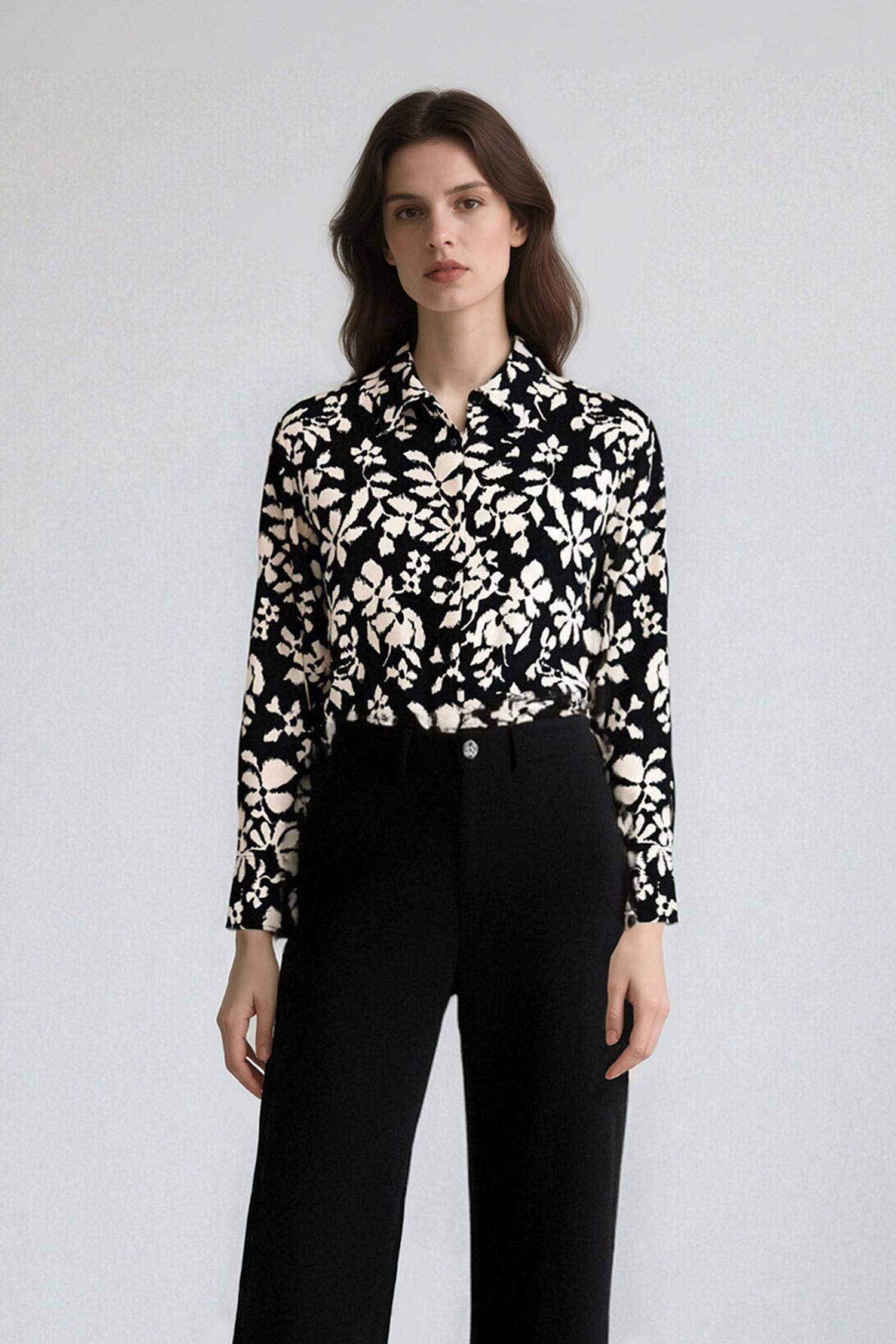 Oversize Fit Shirt Collar Printed Long Sleeve Tunic