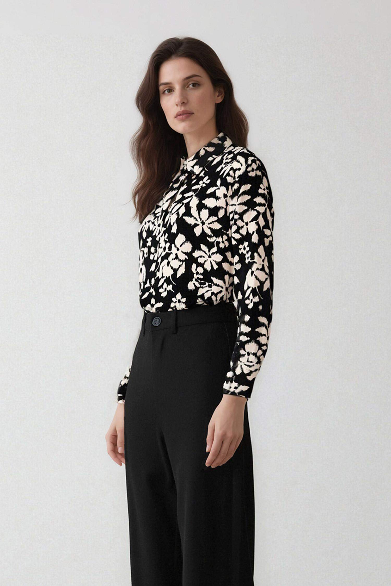 Oversize Fit Shirt Collar Printed Long Sleeve Tunic