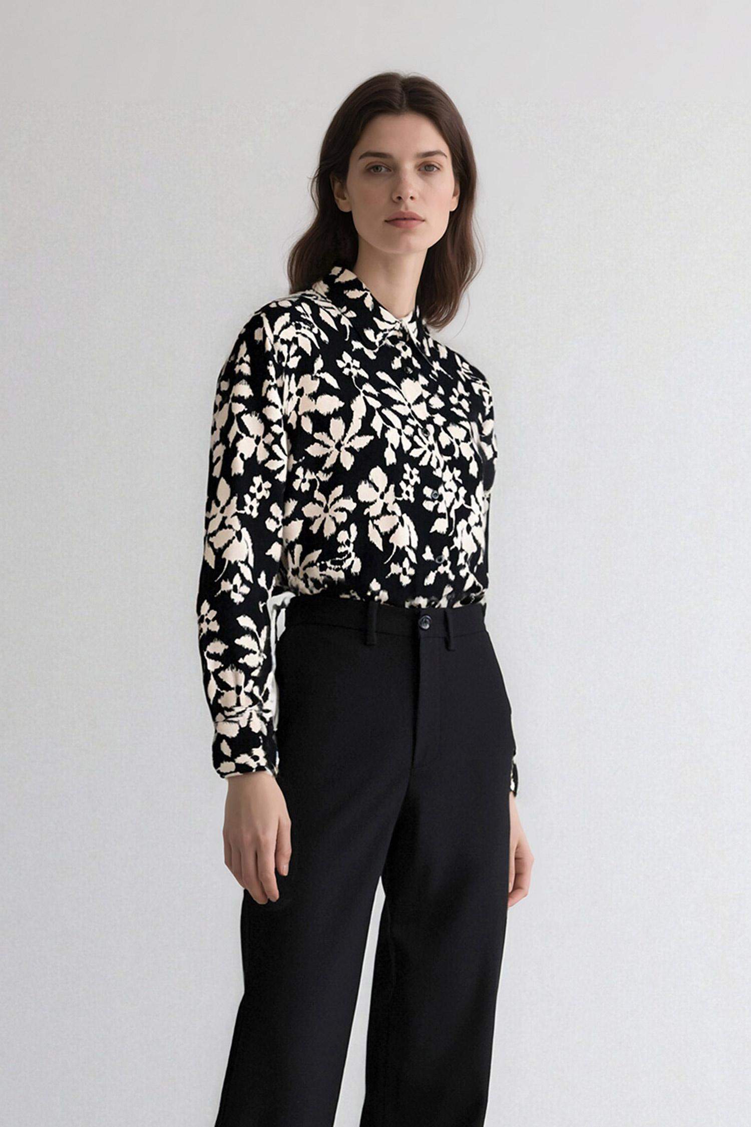 Oversize Fit Shirt Collar Printed Long Sleeve Tunic