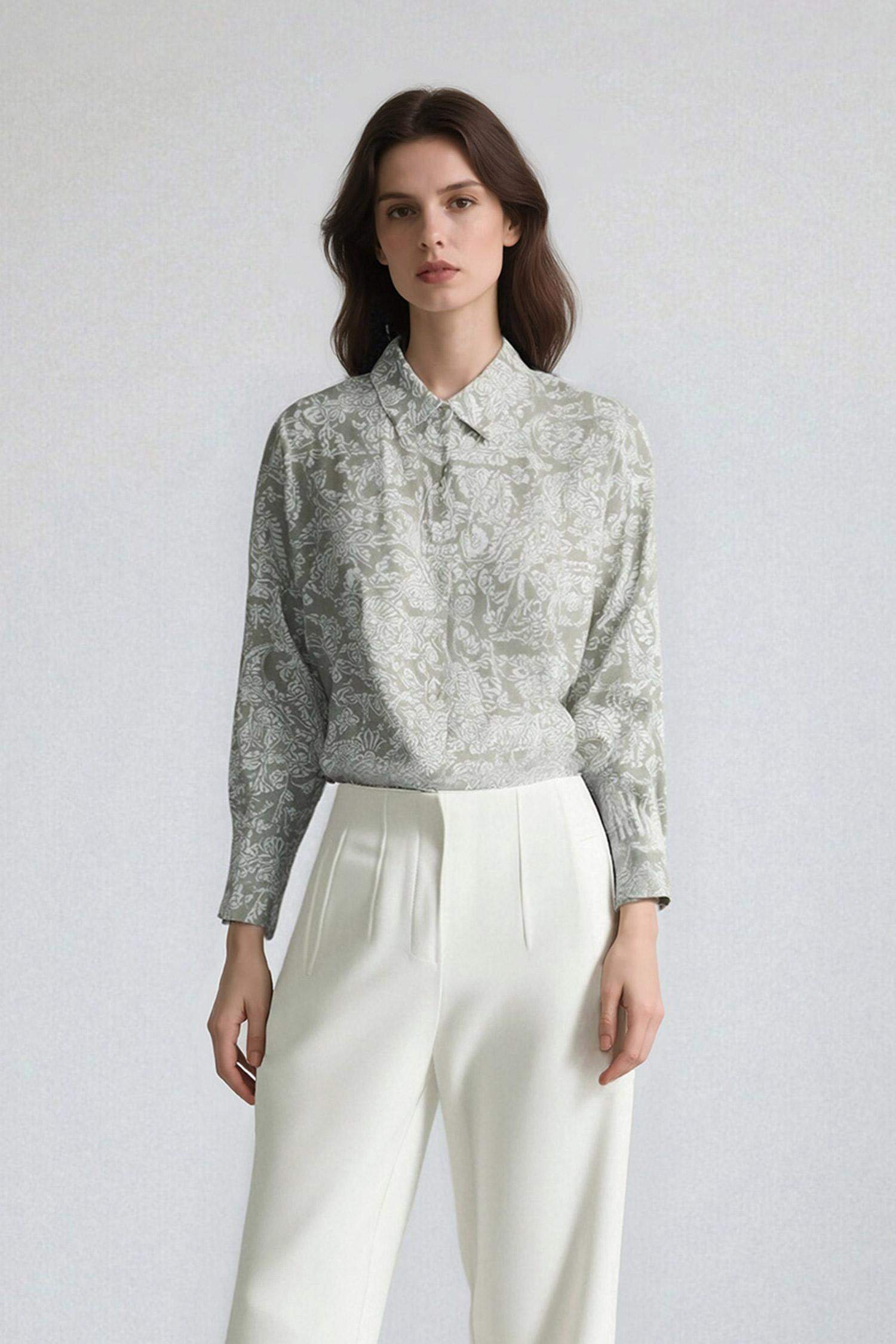 Oversize Fit Shirt Collar Printed Long Sleeve Tunic