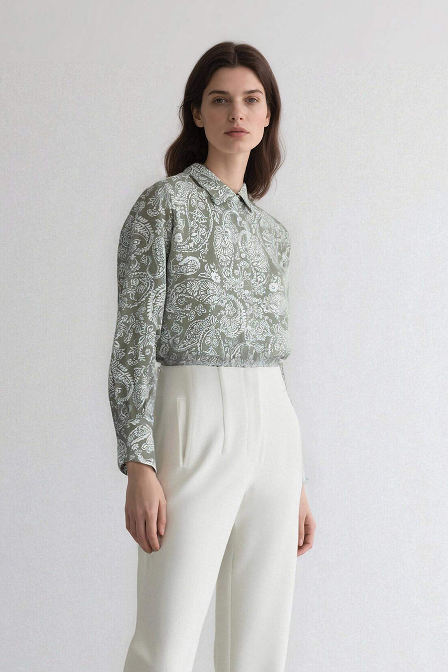 Oversize Fit Shirt Collar Printed Long Sleeve Tunic