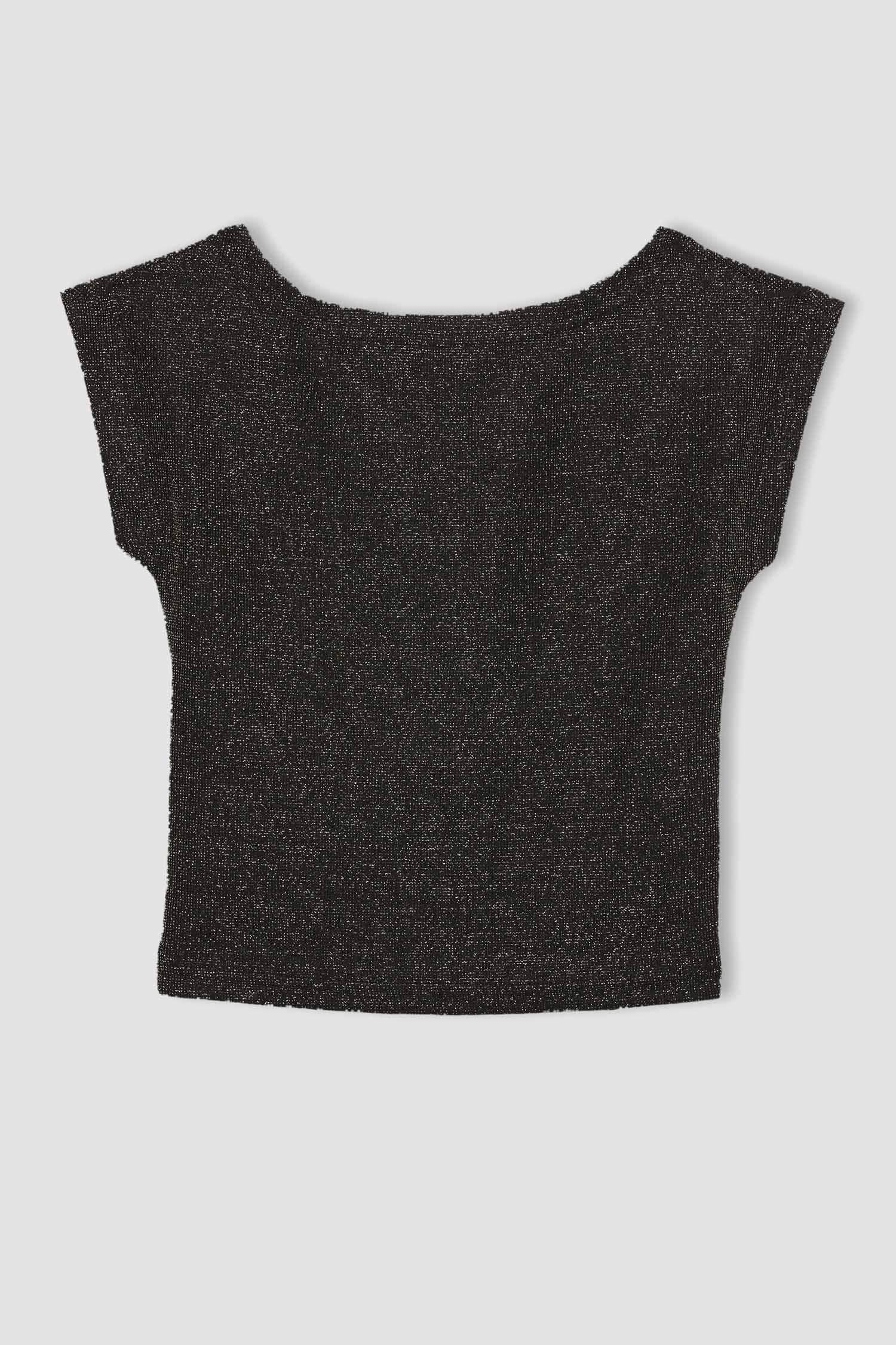 تيشيرت نص كم سليم فيت برقبة مستديرة بتفاصيل ذهبية