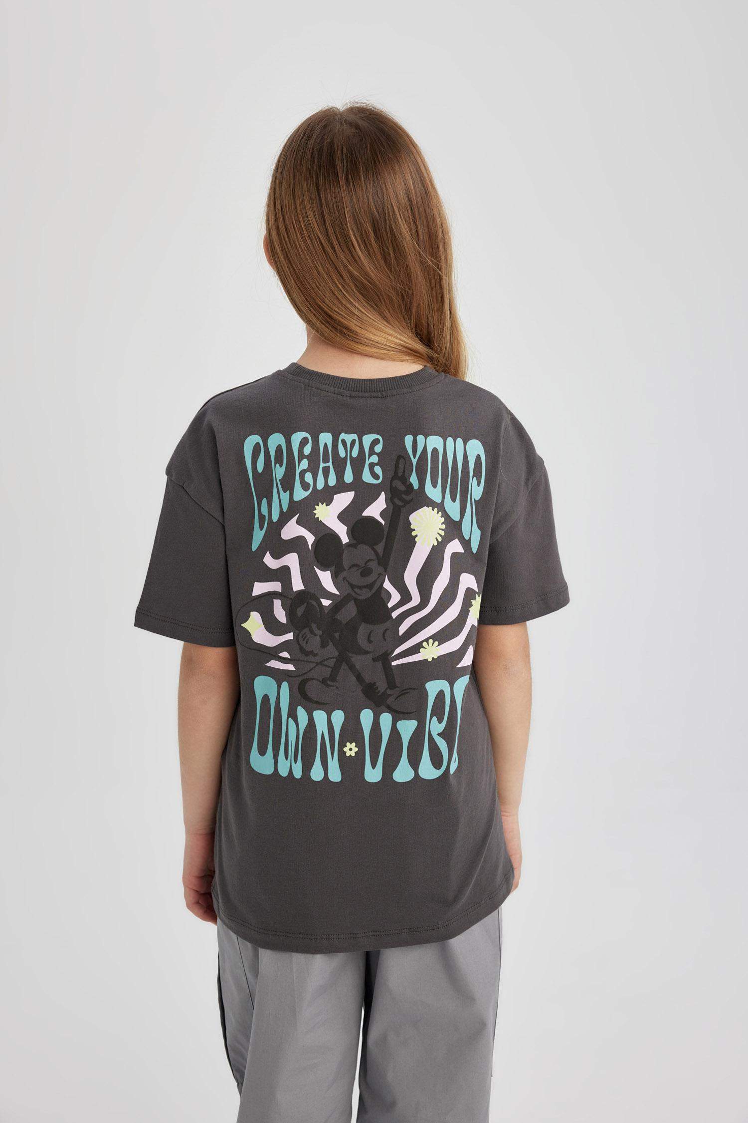 Kız Çocuk Disney Mickey & Minnie Oversize Geniş Kalıp Bisiklet Yaka Kısa Kollu Tişört