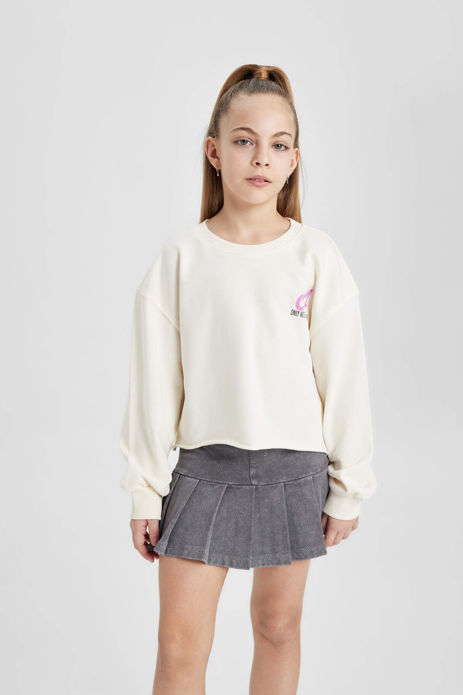 Kız Çocuk Crop Sırt Baskılı Bisiklet Yaka Sweatshirt