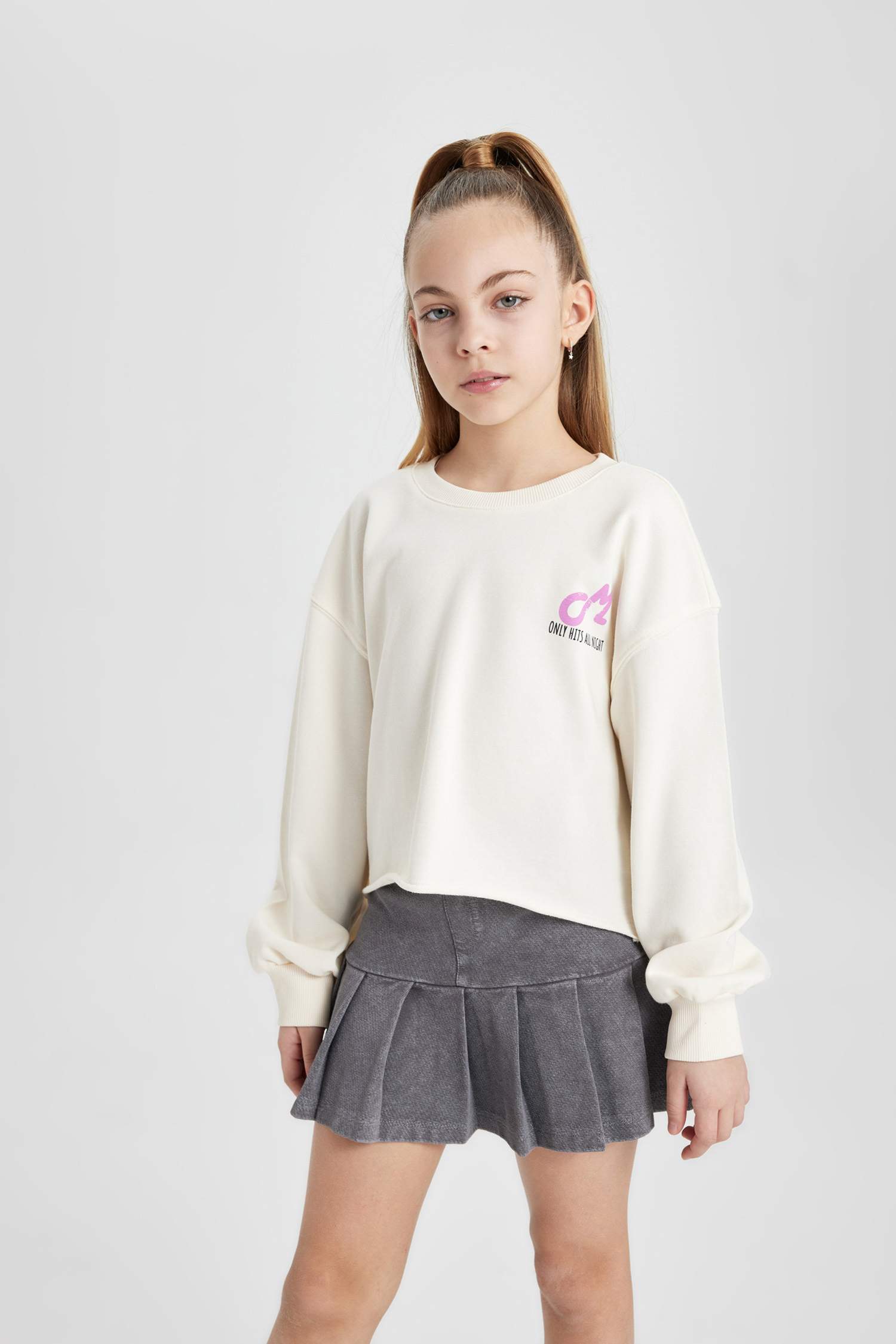Kız Çocuk Crop Sırt Baskılı Bisiklet Yaka Sweatshirt