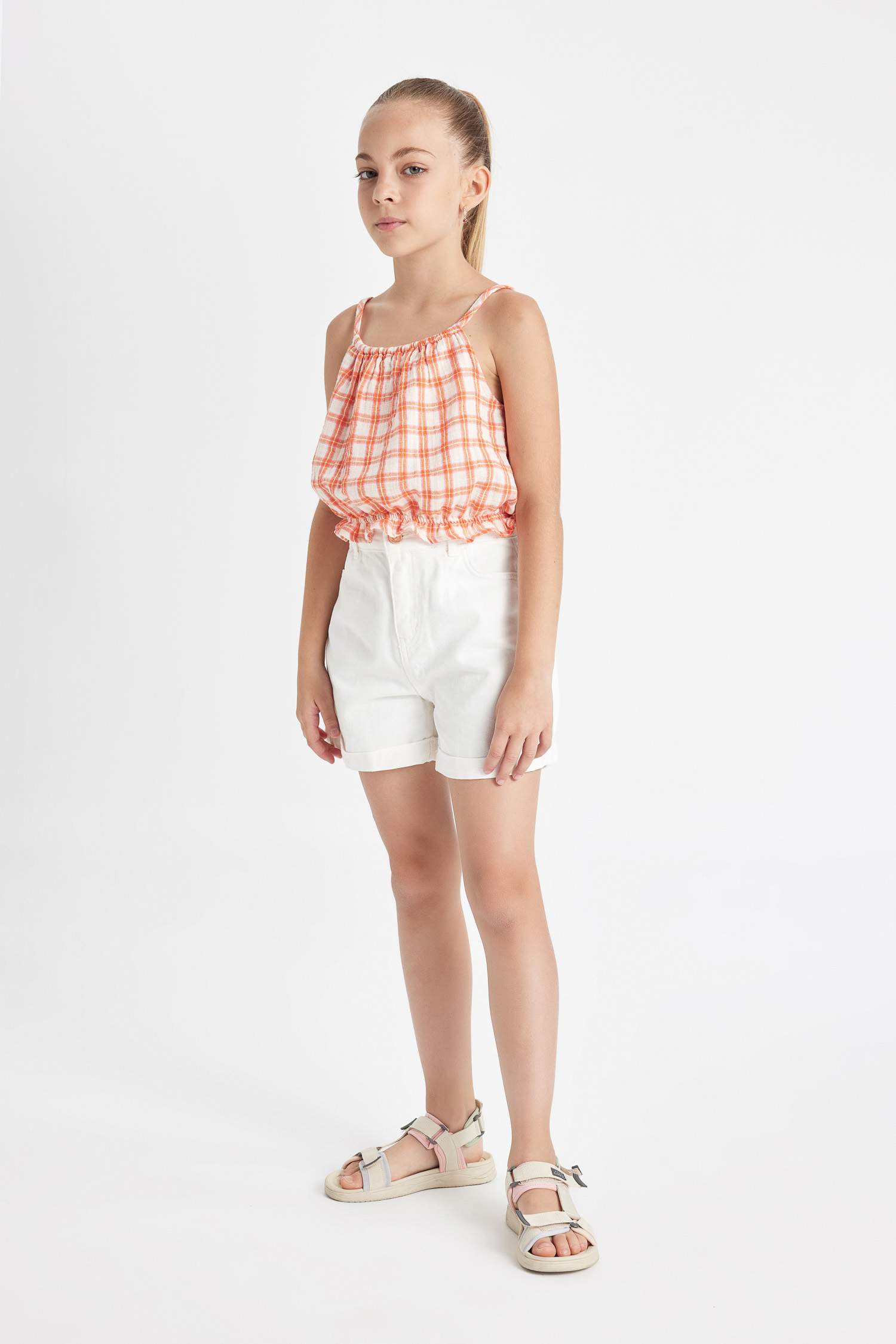 بلوزة كاروهات بناتي نص كم برتقالي قطن