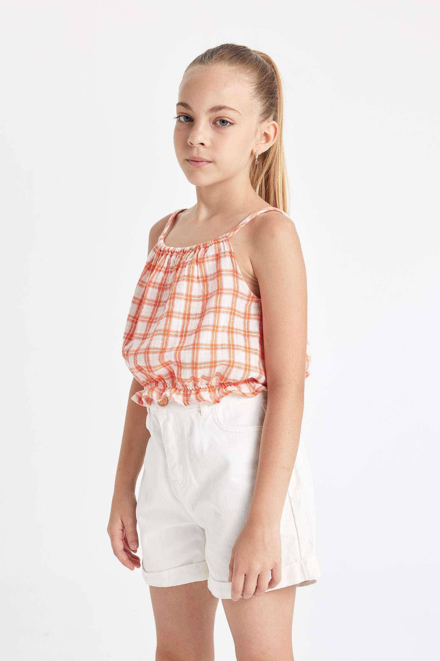 بلوزة كاروهات بناتي نص كم برتقالي قطن