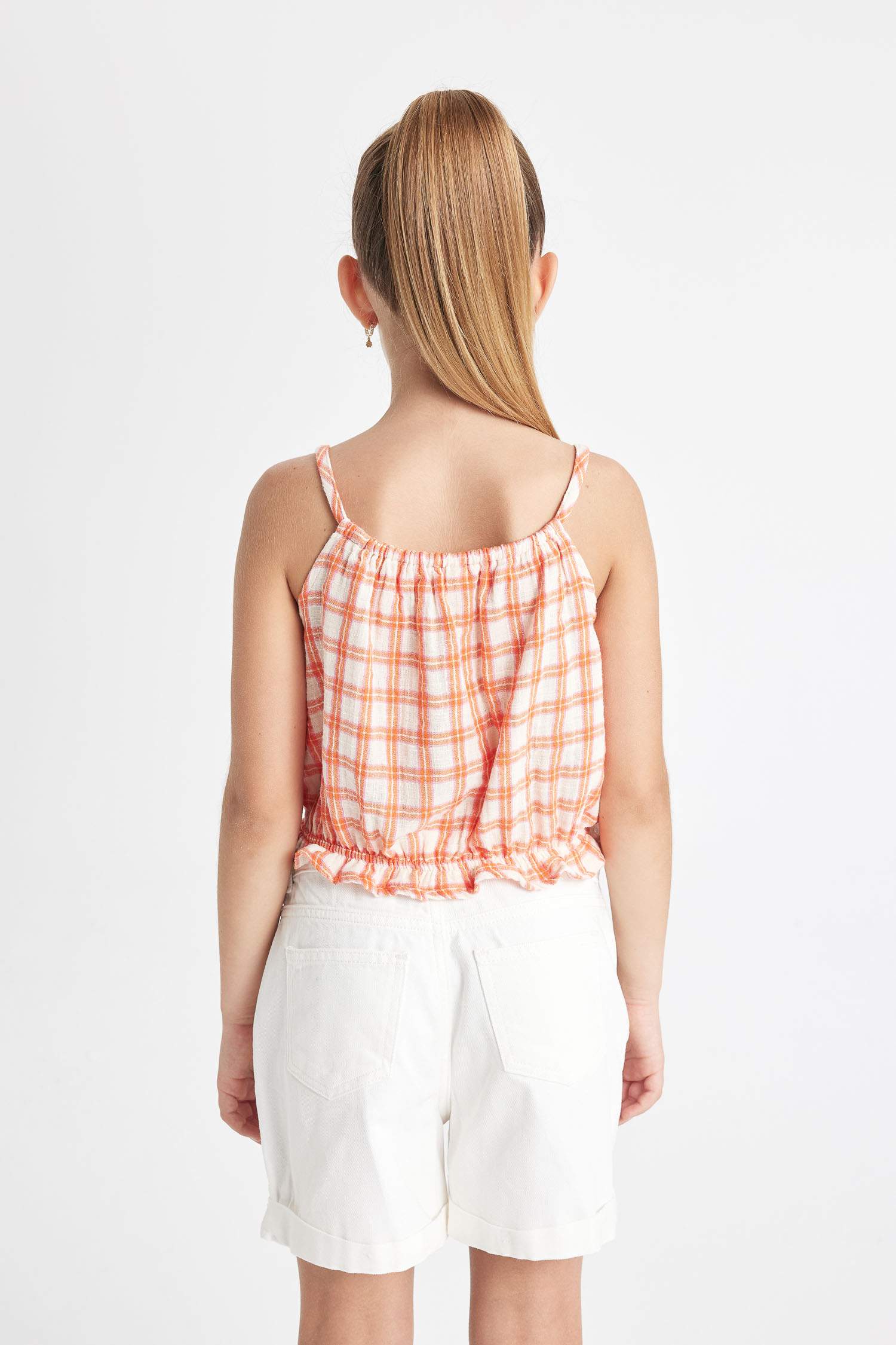 بلوزة كاروهات بناتي نص كم برتقالي قطن