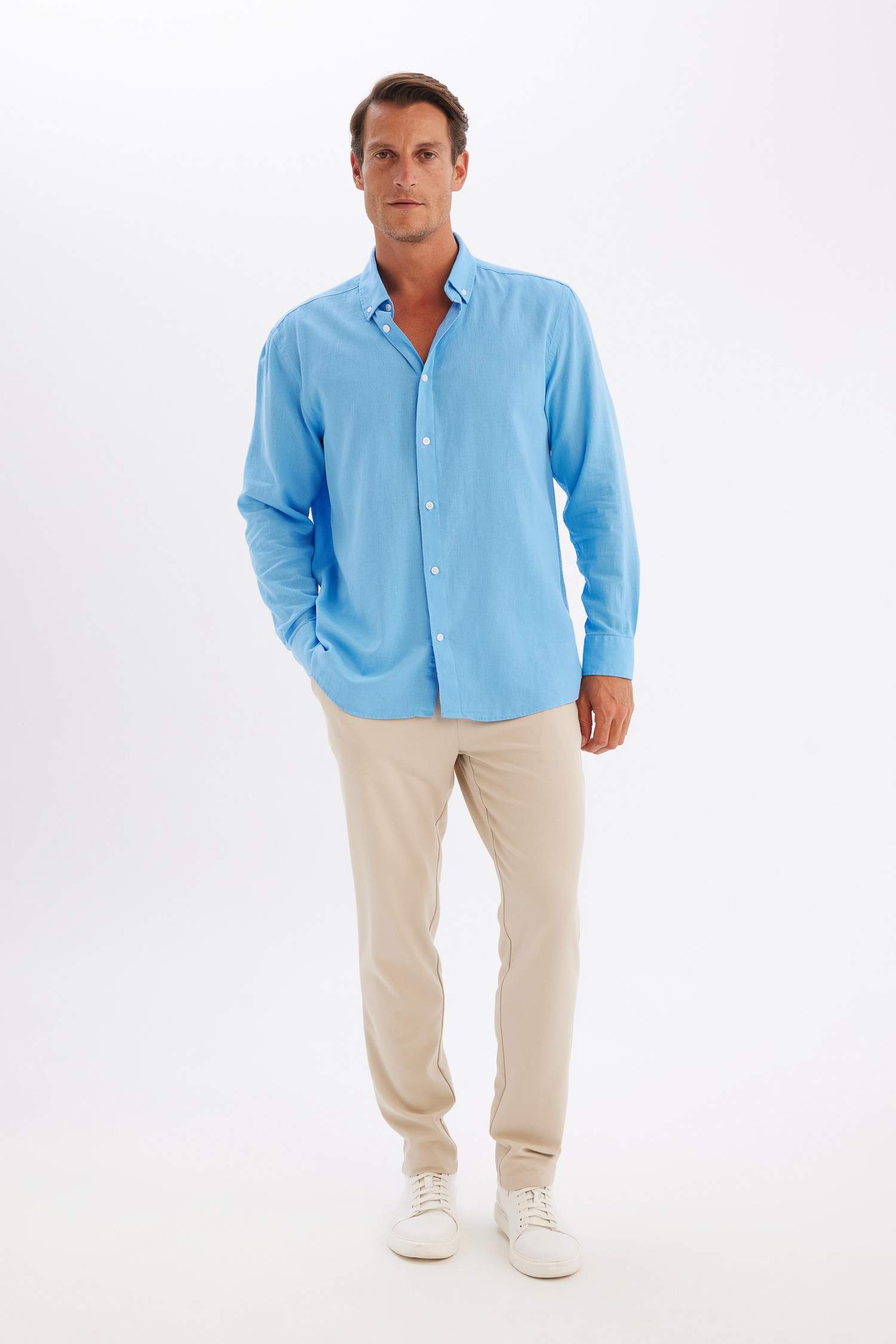 Relax Fit Polo Yaka Keten Karışımlı Pamuklu Uzun Kollu Gömlek