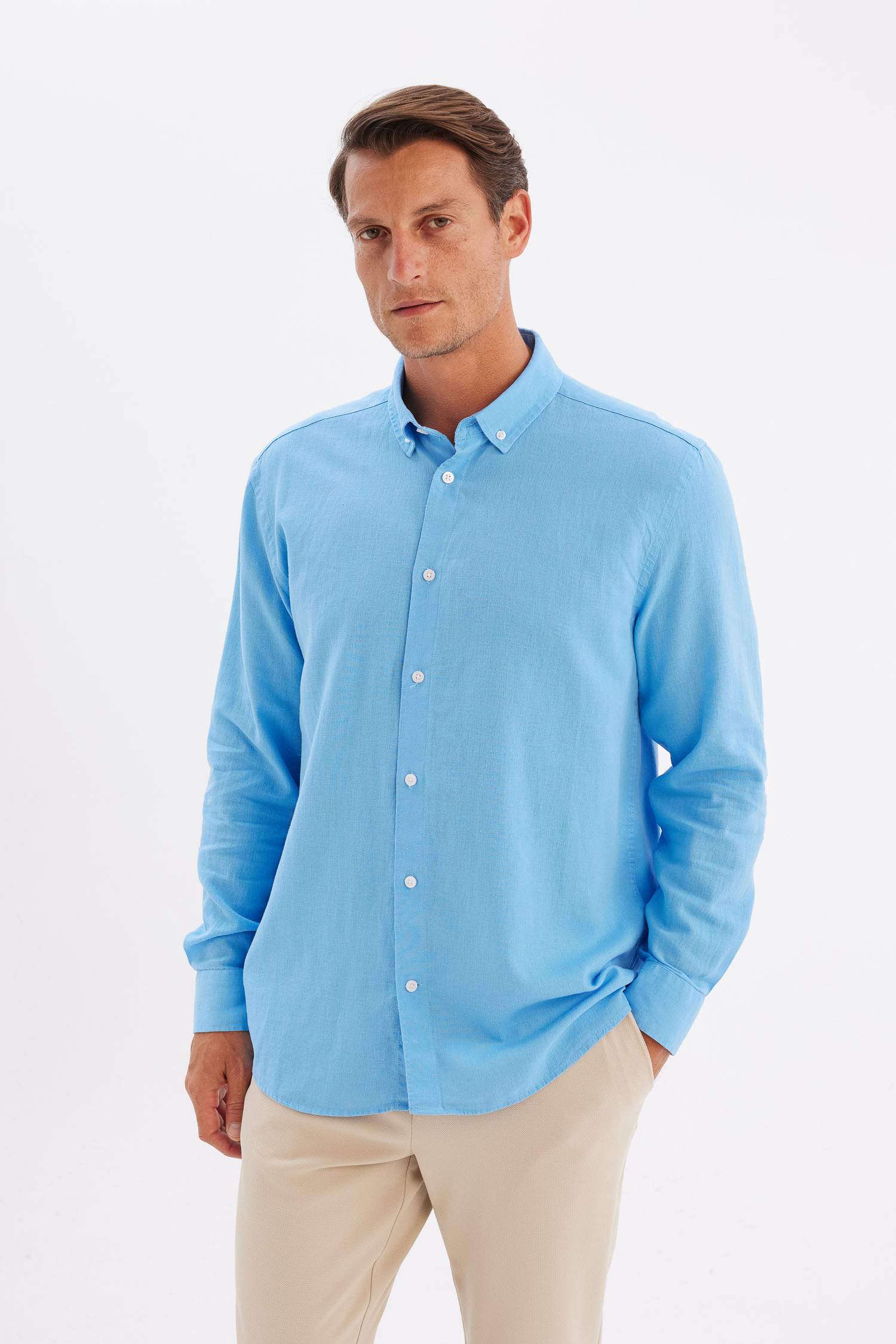 Relax Fit Polo Yaka Keten Karışımlı Pamuklu Uzun Kollu Gömlek