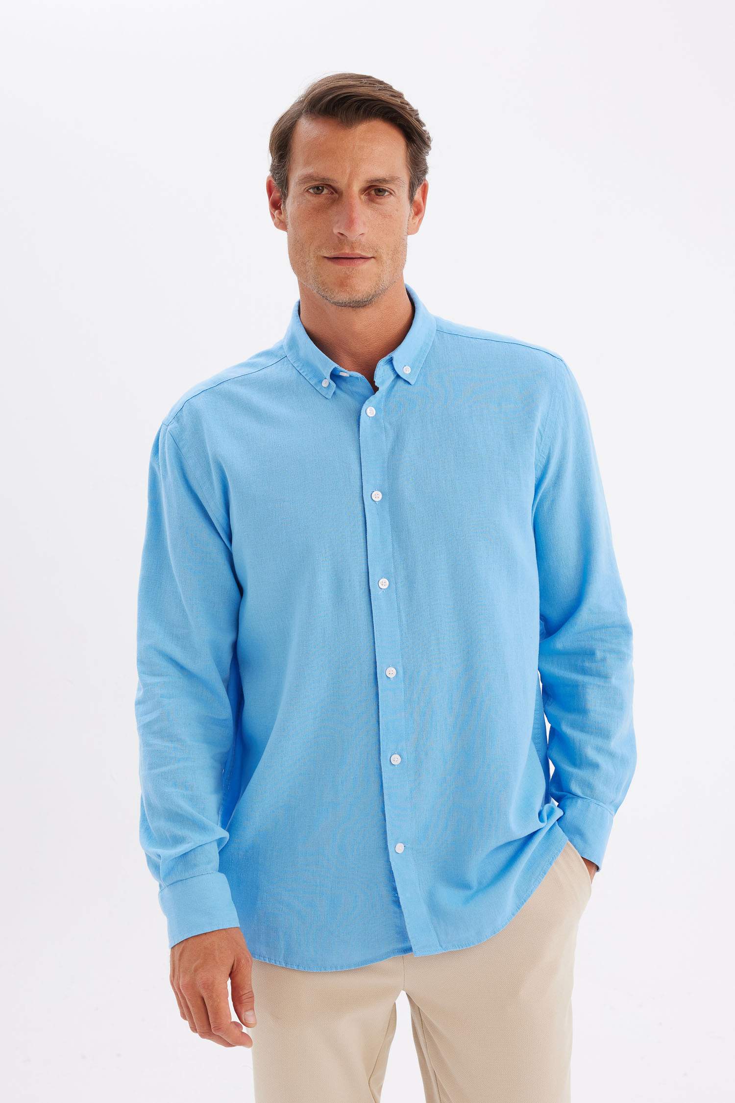 Relax Fit Polo Yaka Keten Karışımlı Pamuklu Uzun Kollu Gömlek