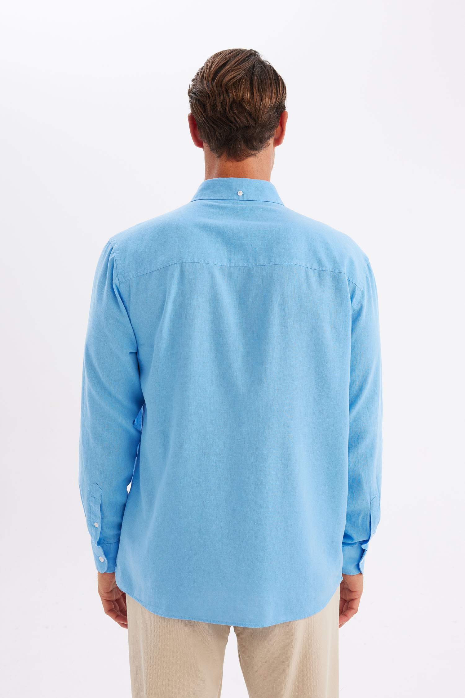 Relax Fit Polo Yaka Keten Karışımlı Pamuklu Uzun Kollu Gömlek