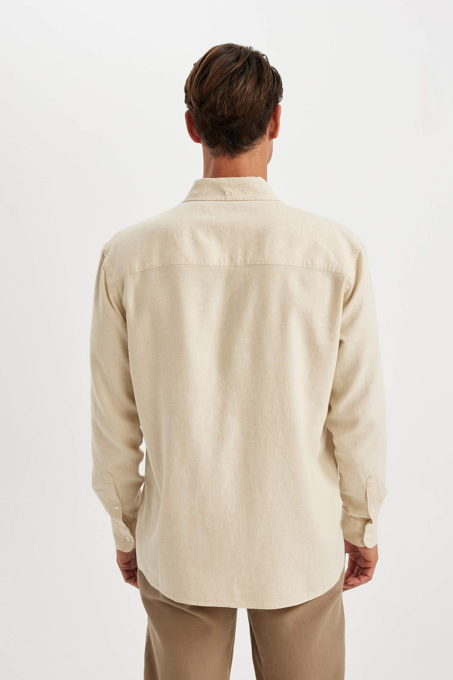 قميص كتان كم طويل قطن قصة مريحة بياقة بولو