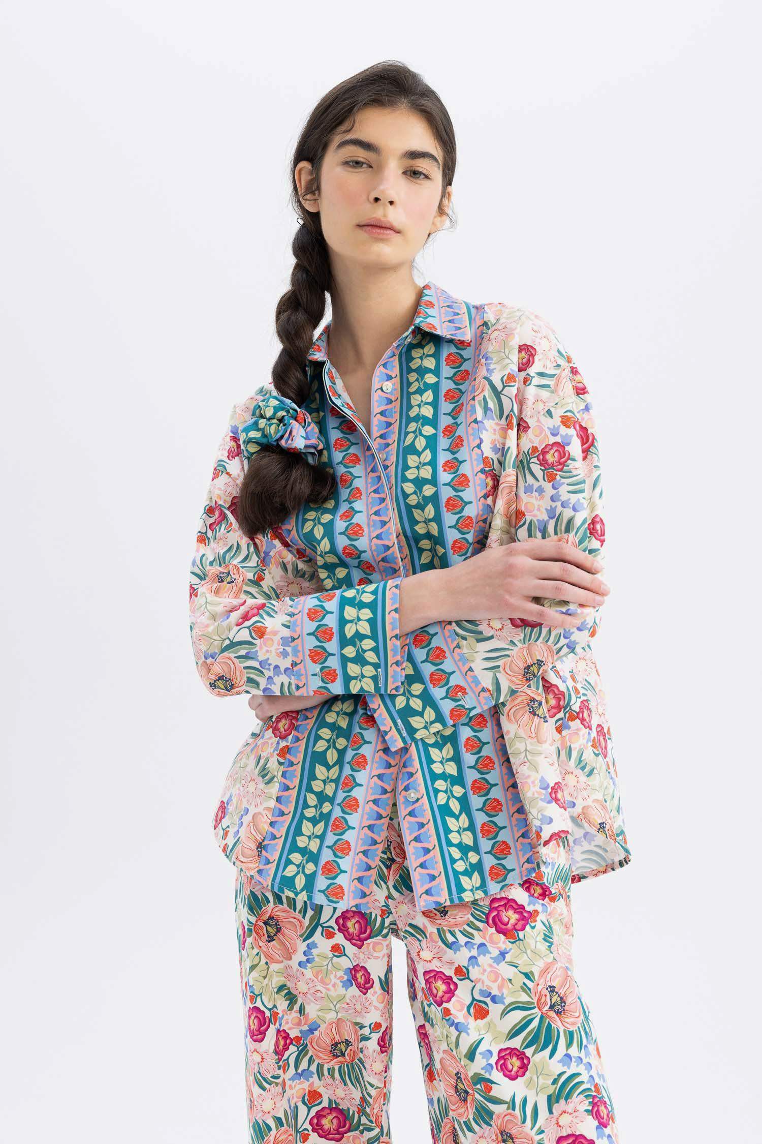 Lug Von Siga x DeFacto Desenli Poplin Uzun Kollu Gömlek