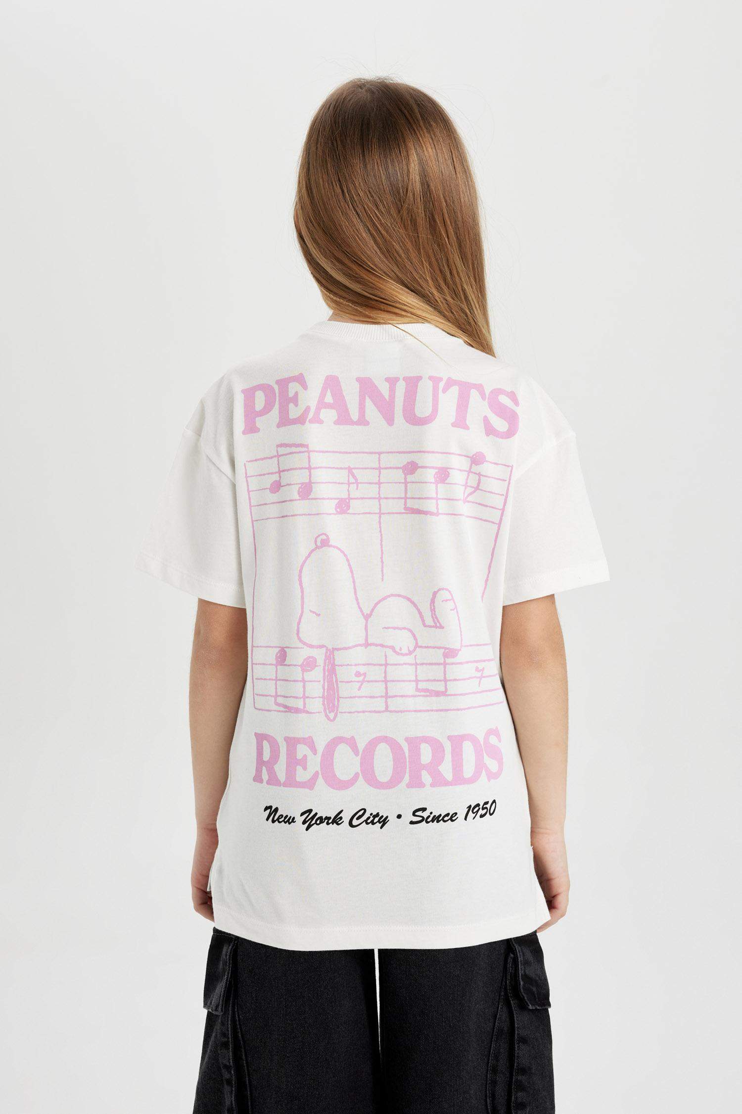 Kız Çocuk Snoopy Oversize Geniş Kalıp Bisiklet Yaka Sırt Baskılı Kısa Kollu Tişört