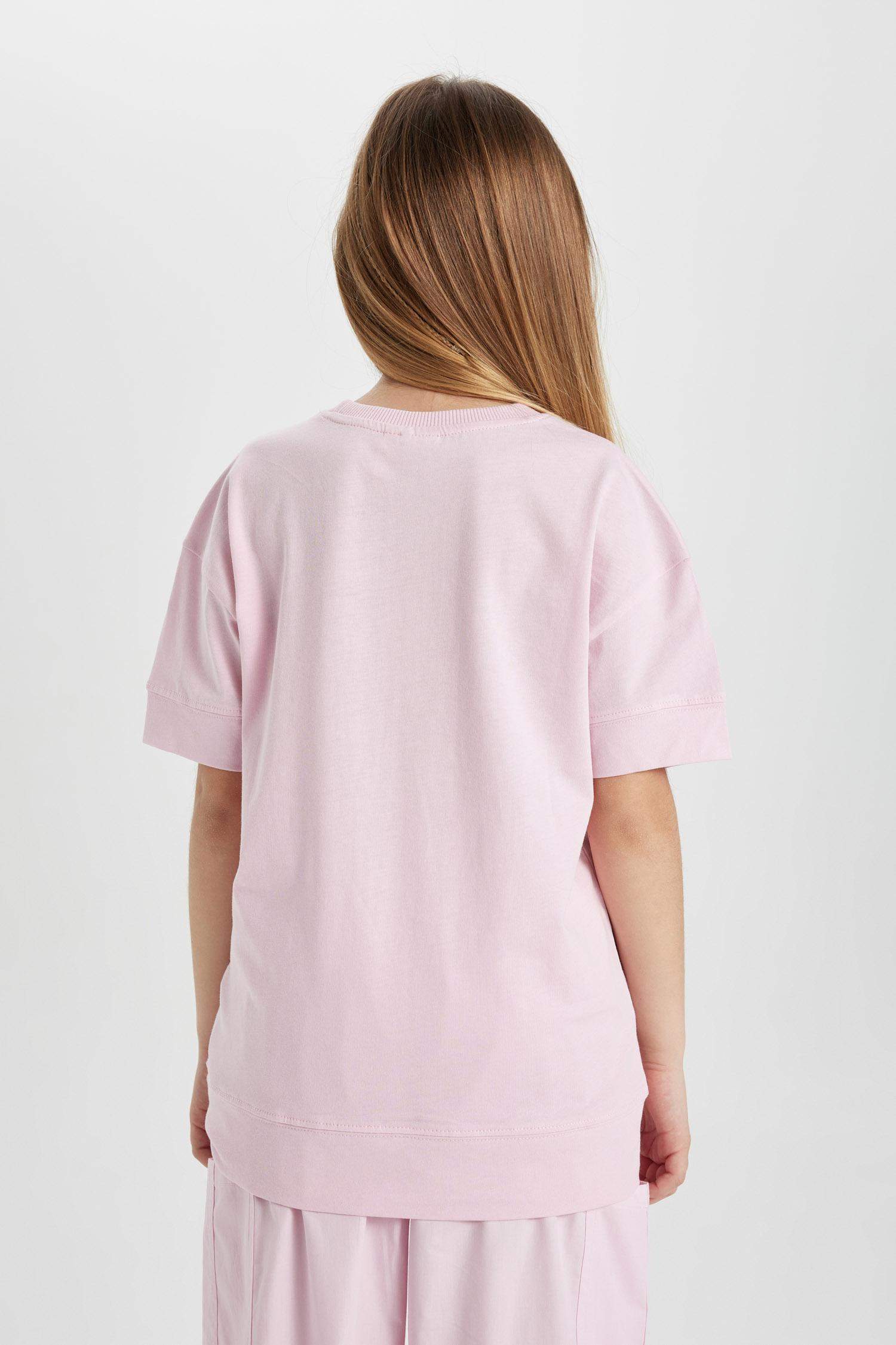 Kız Çocuk Oversize Geniş Kalıp Bisiklet Yaka Baskılı Kısa Kollu Tişört