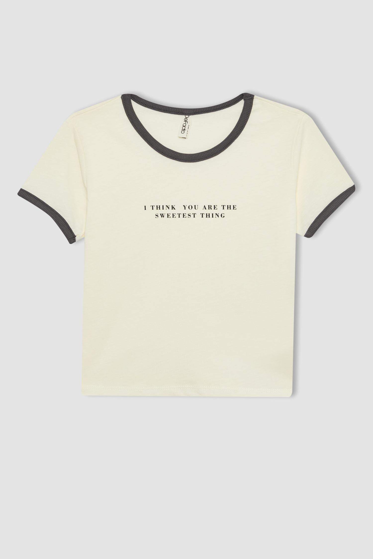 Kız Çocuk Bisiklet Yaka Crop Baskılı Kısa Kollu Tişört