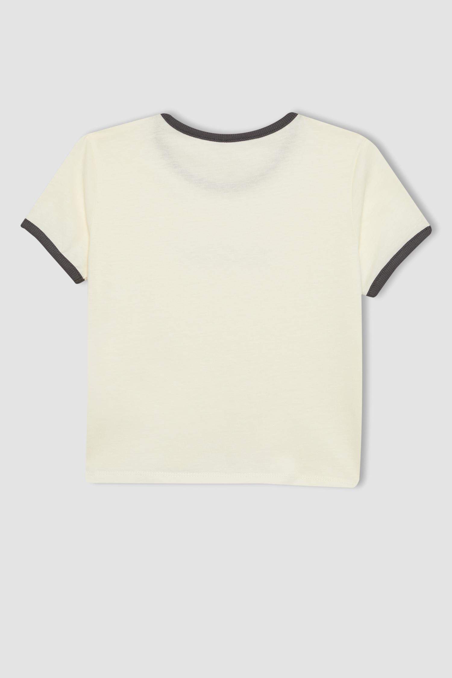 Kız Çocuk Bisiklet Yaka Crop Baskılı Kısa Kollu Tişört