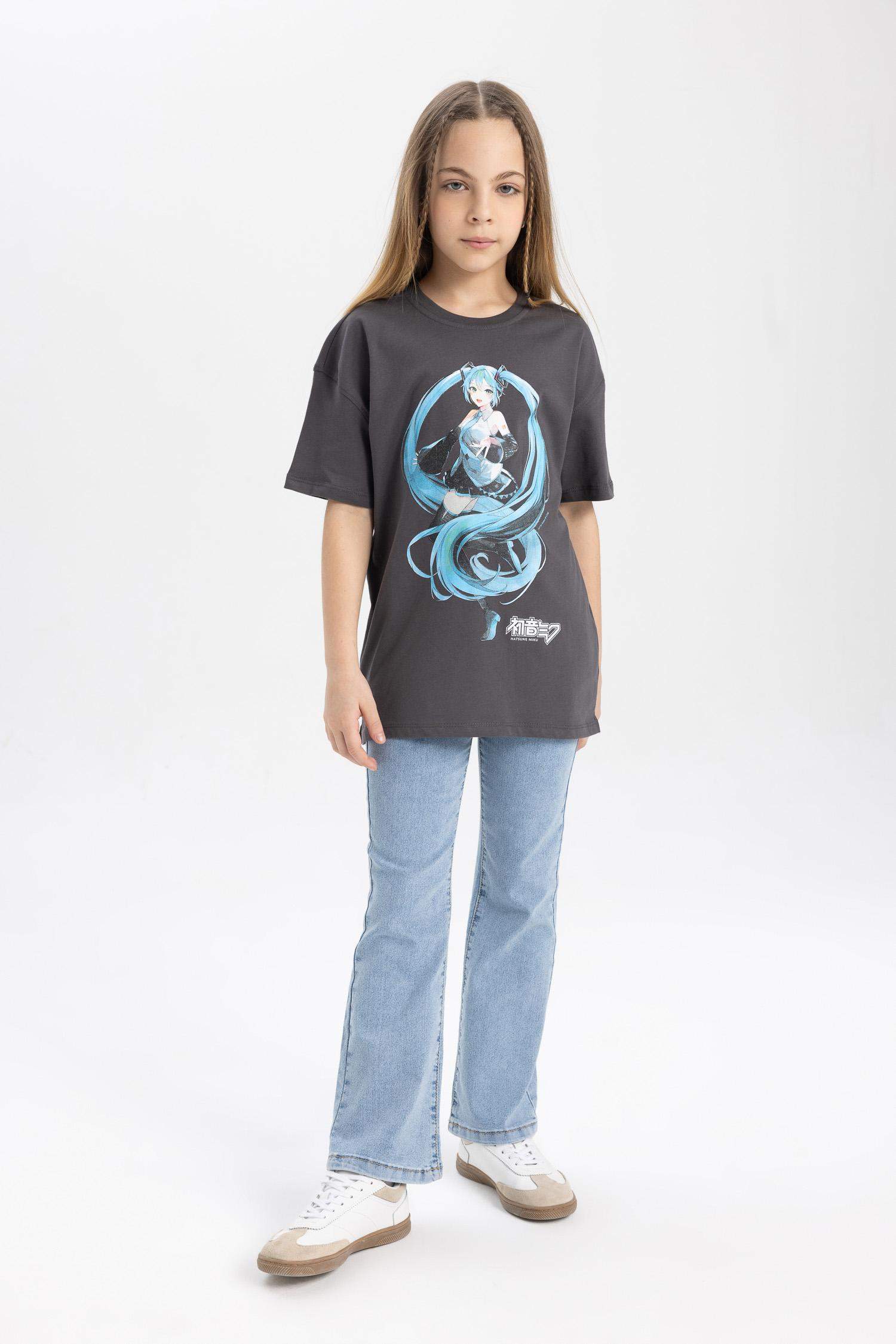 Hatsune Miku Oversize Geniş Kalıp Bisiklet Yaka Kısa Kollu Tişört Kız Çocuk