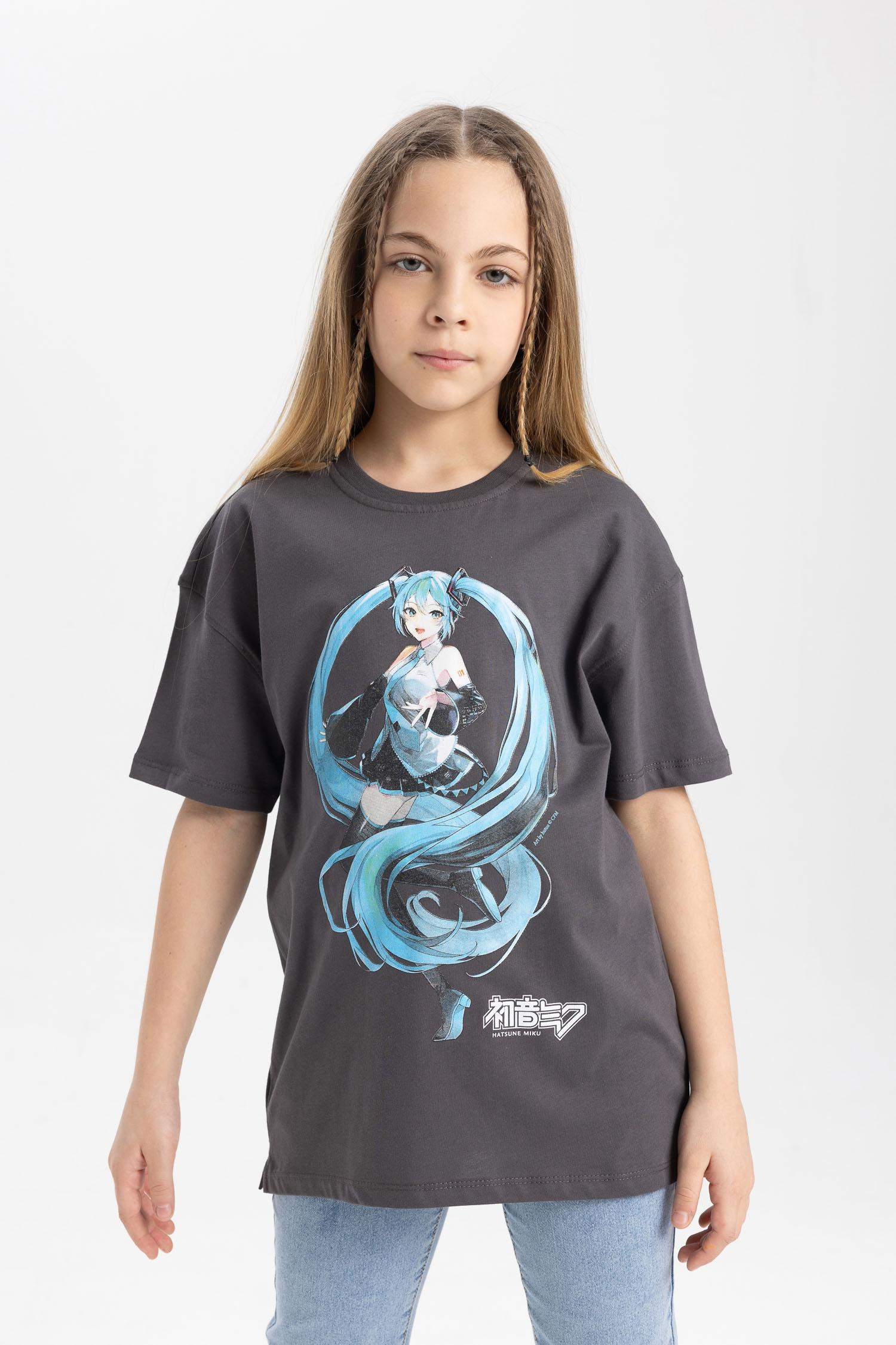 Hatsune Miku Oversize Geniş Kalıp Bisiklet Yaka Kısa Kollu Tişört Kız Çocuk